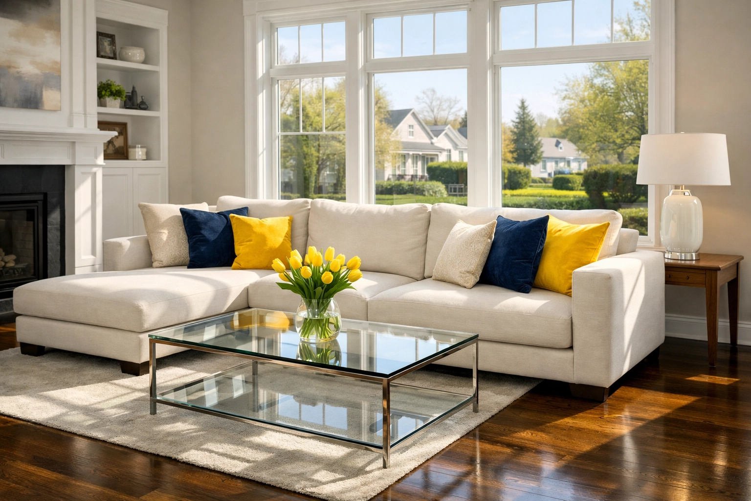Immaculate living room with hardwood floors showing results of weekly house cleaning Natick MA.