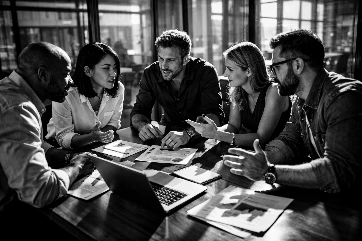 Project team collaborating around conference table discussing management strategies