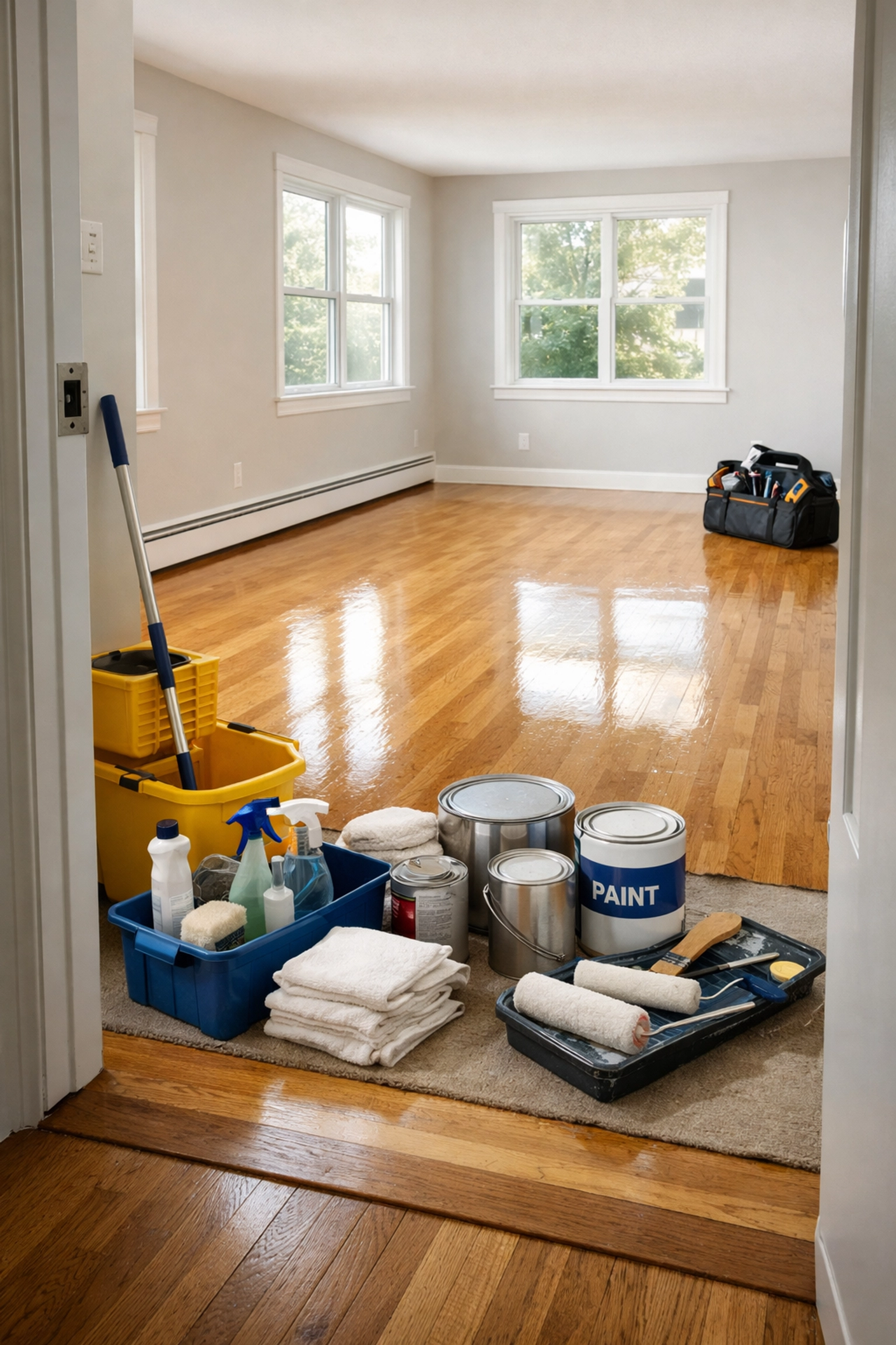 Empty apartment unit during make-ready turnover with cleaning supplies and paint materials