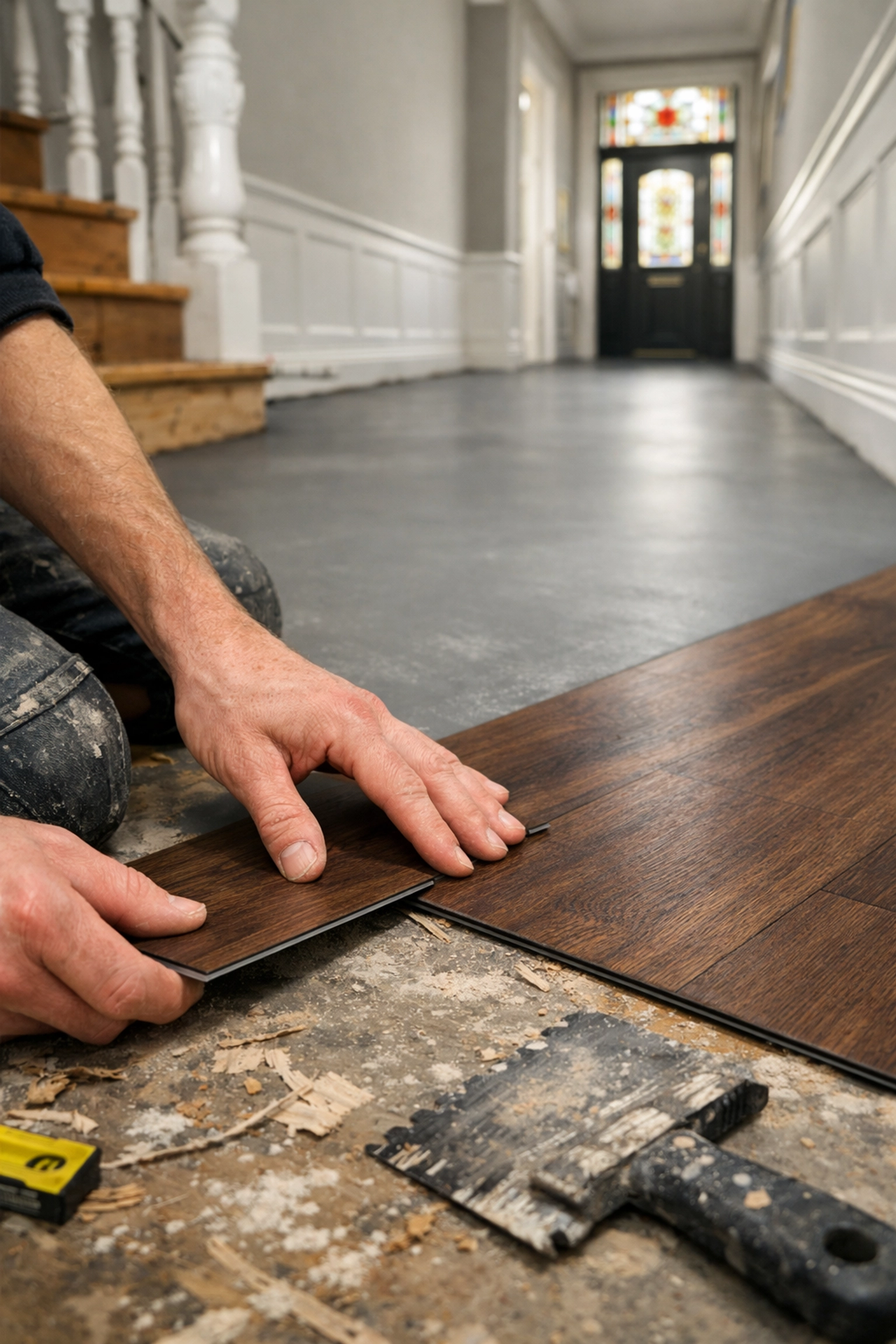 Craftsman fitting dark walnut vinyl floor planks over a prepared smooth grey subfloor screed.