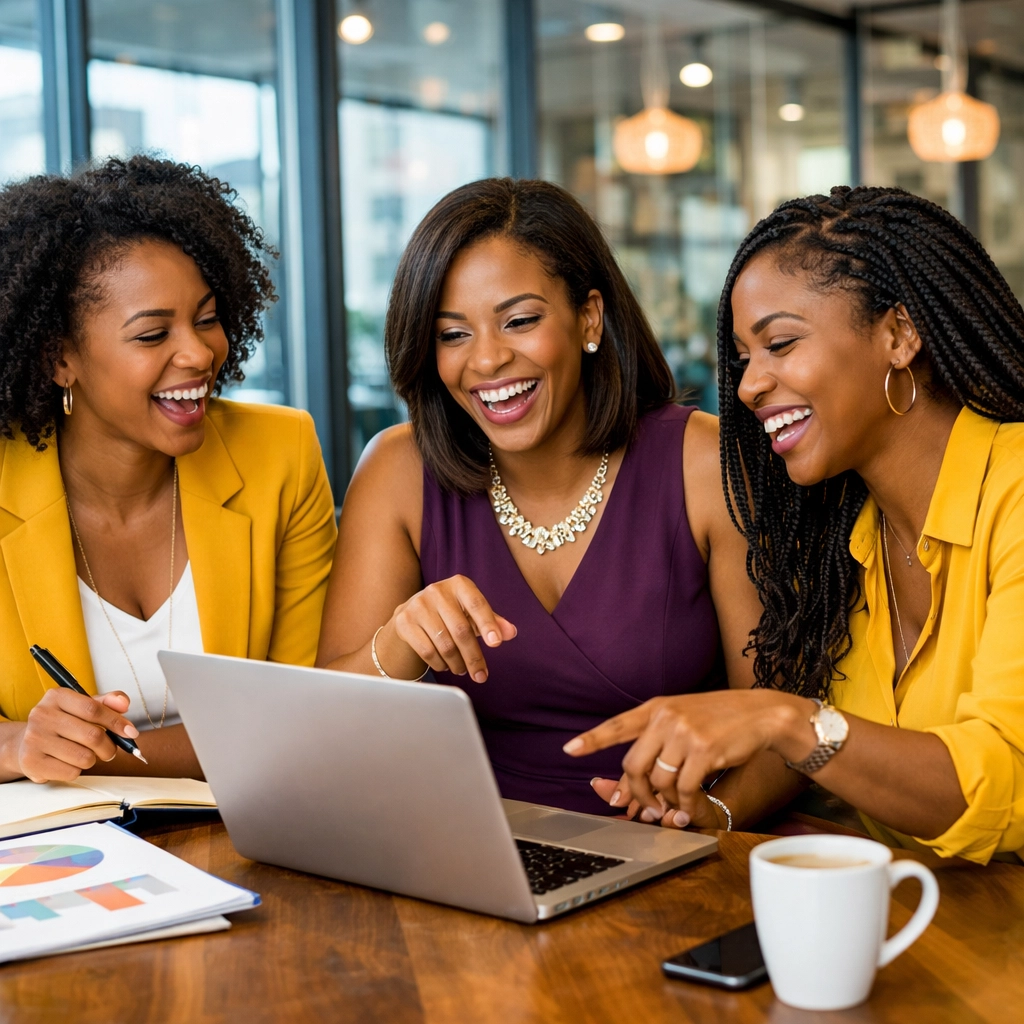 Professional Black women entrepreneurs collaborating on a business strategy in a modern, inclusive workspace.