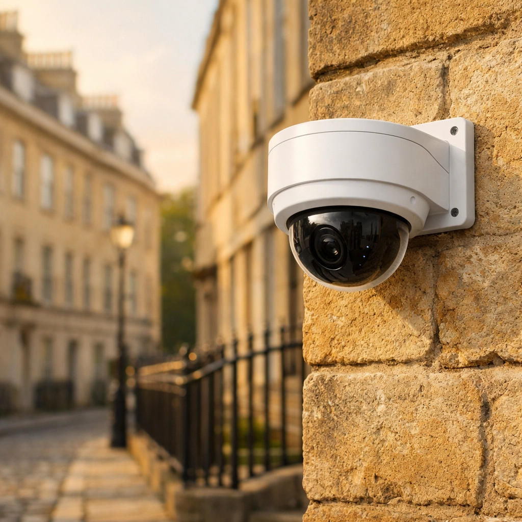 Professional CCTV installation on a traditional Georgian stone wall in Bath.