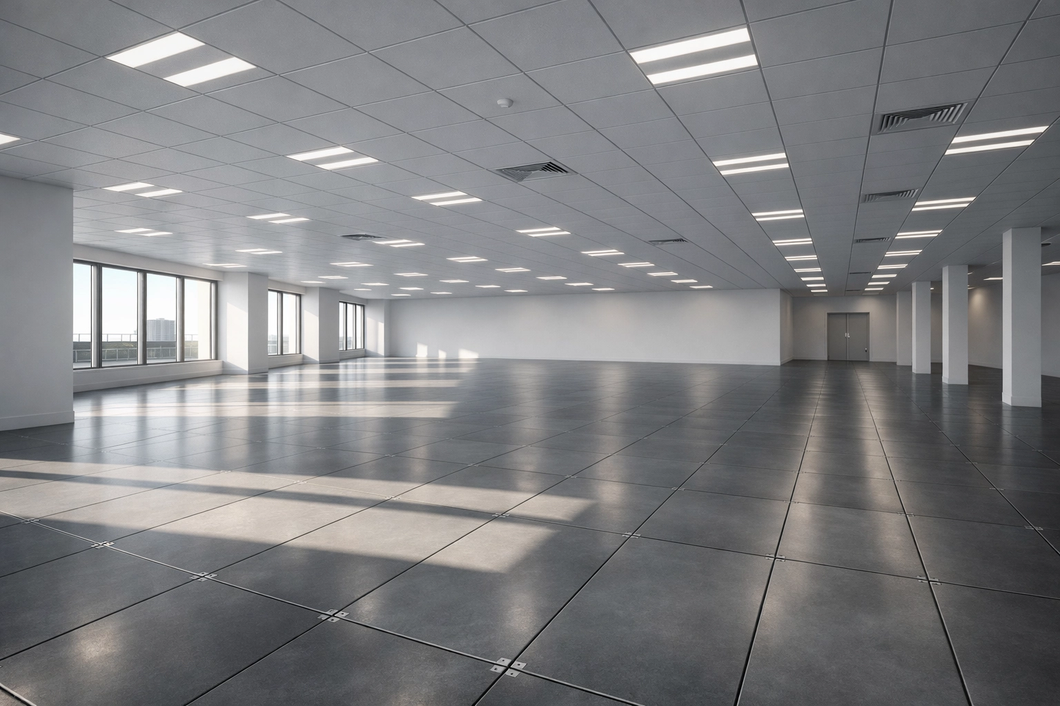 Empty Cat A office space with raised access floors and suspended ceilings ready for interior fit out.