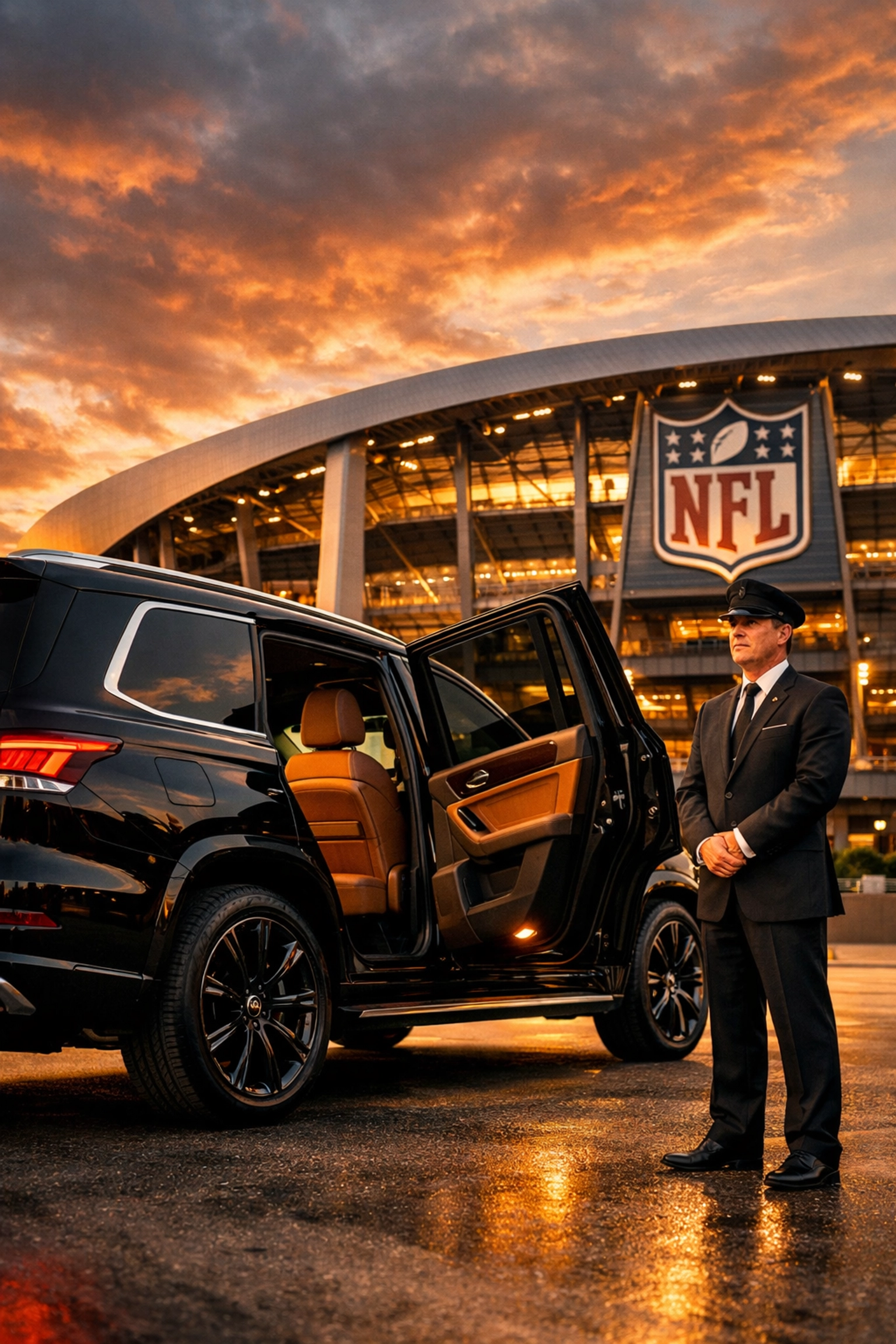 Luxury executive transportation SUV with professional chauffeur at NFL stadium entrance