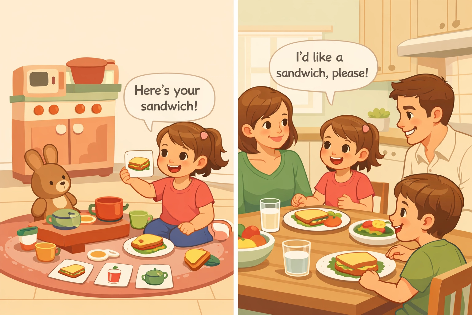 Child practicing communication skills learned in play-based ABA therapy with family at mealtime