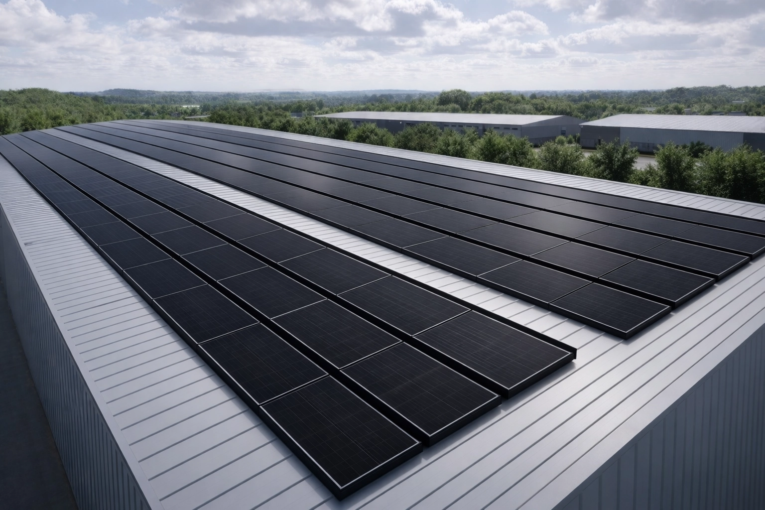 Commercial solar panel installation on a UK warehouse rooftop with sleek black-on-black panels