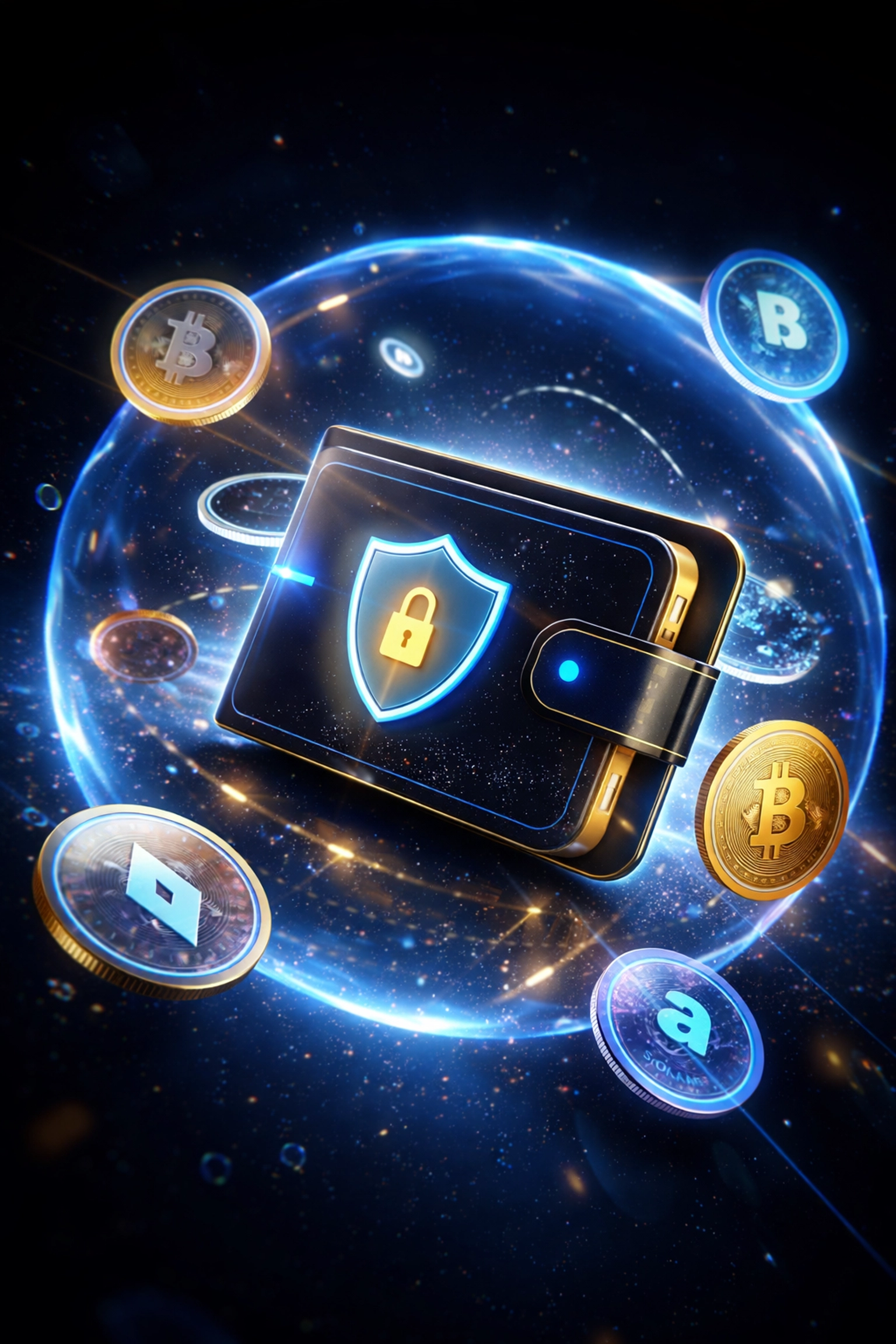 Digital wallet protected in space with crypto coins, illustrating self-custody and secure crypto POS systems