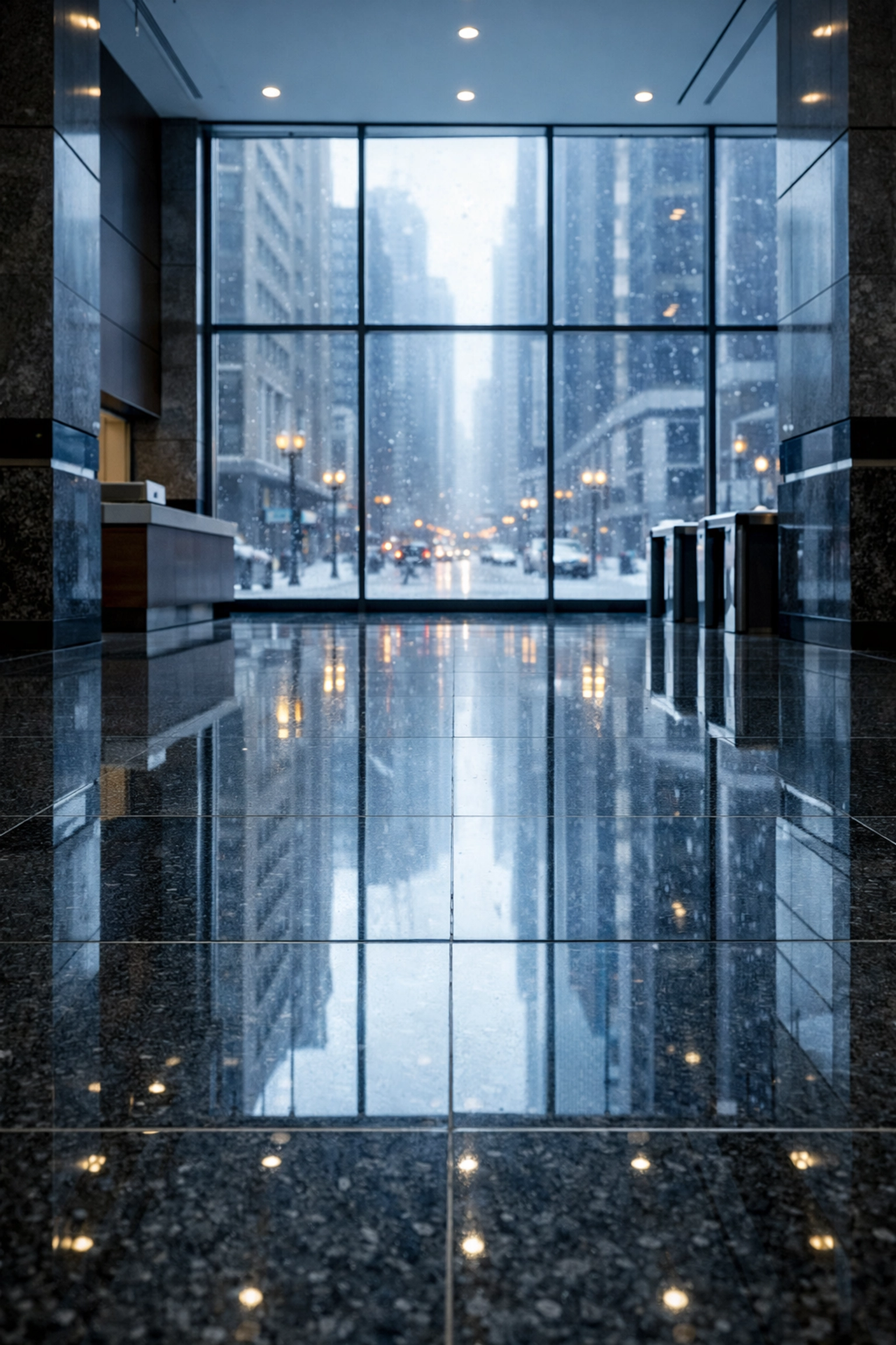 Polished Chicago office lobby floor reflecting a snowy city skyline maintained by professional cleaning services.