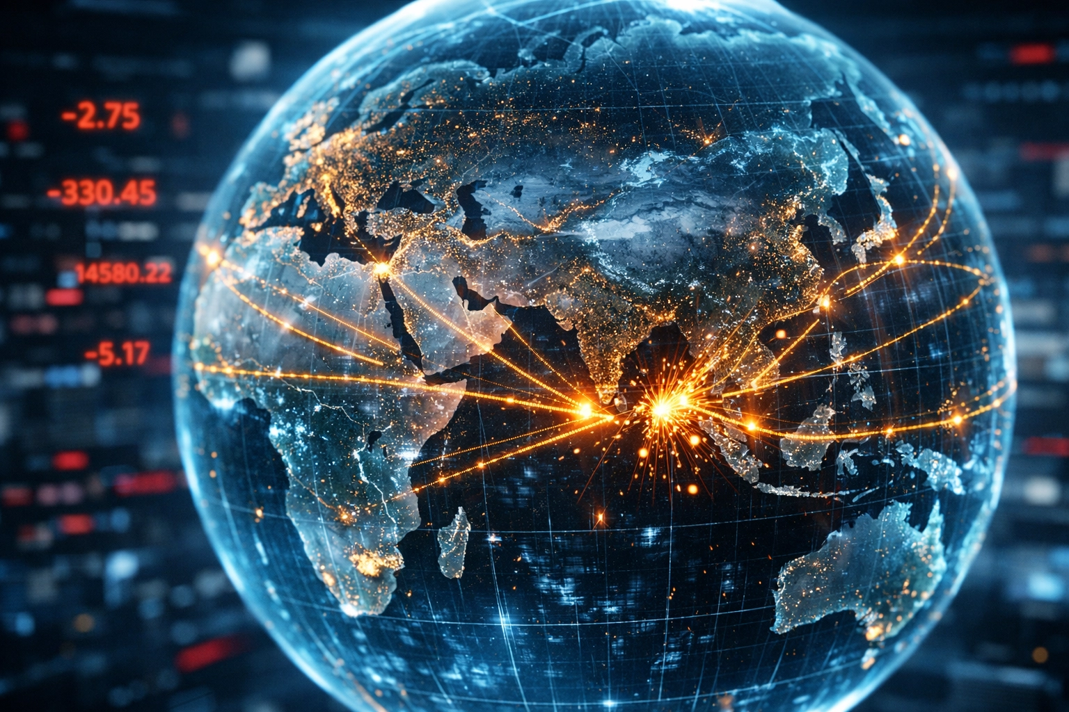 Global trade routes breaking on a digital map, signaling trouble for the stock market today.