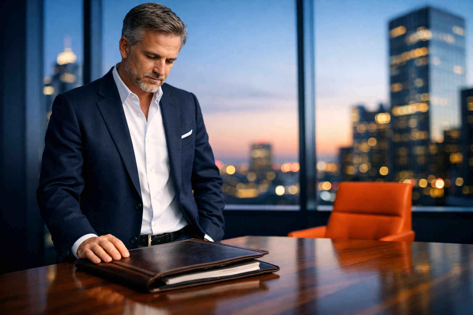 Business owner reviewing a valuation portfolio in a boardroom to determine true EBITDA and company worth.