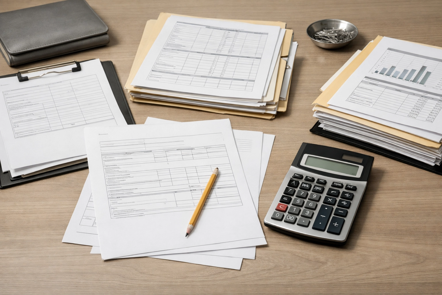 Child support calculation workspace with financial documents and a calculator for a Fredericksburg family law case