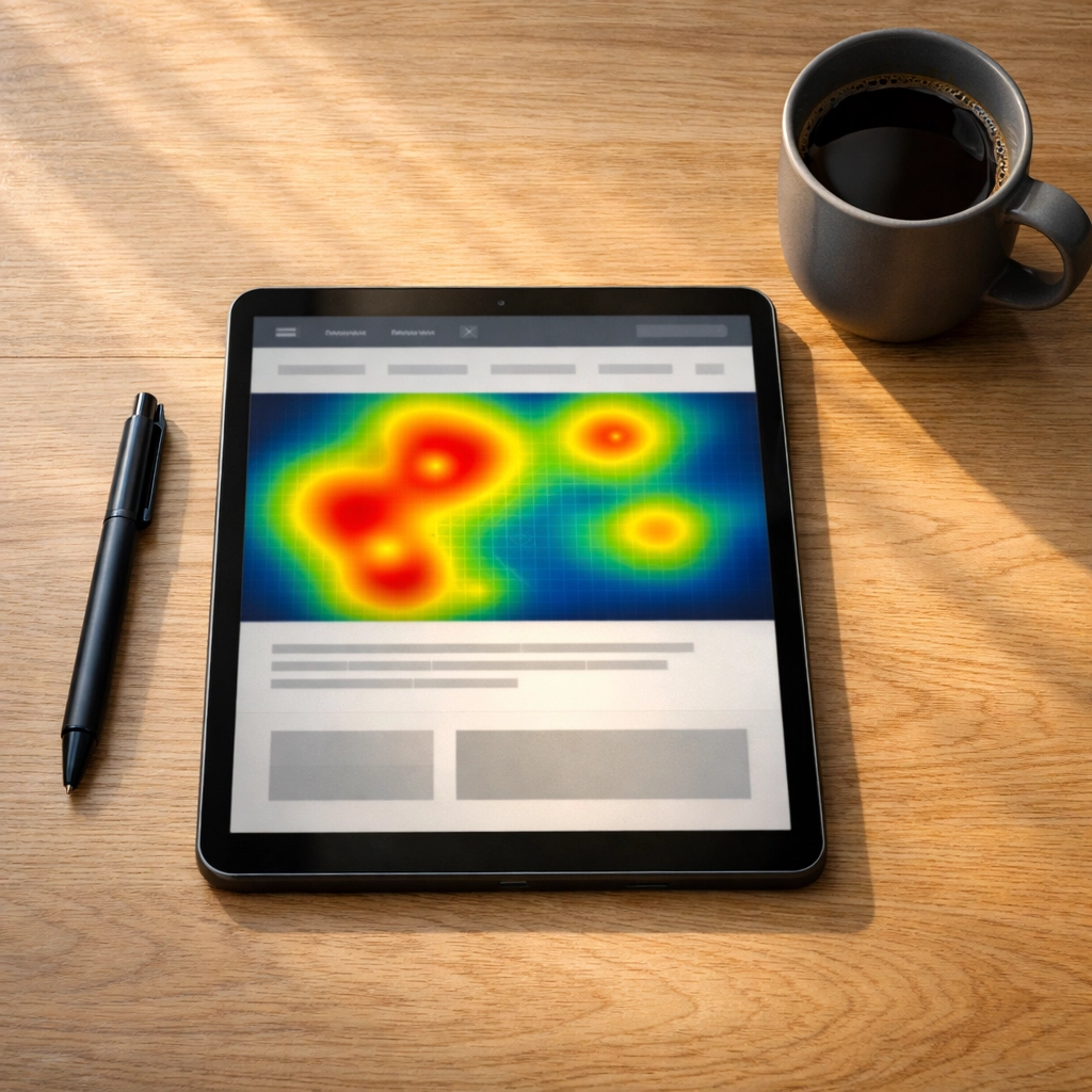 Website heatmap displayed on a tablet for analyzing user flow and conversion rate optimization.