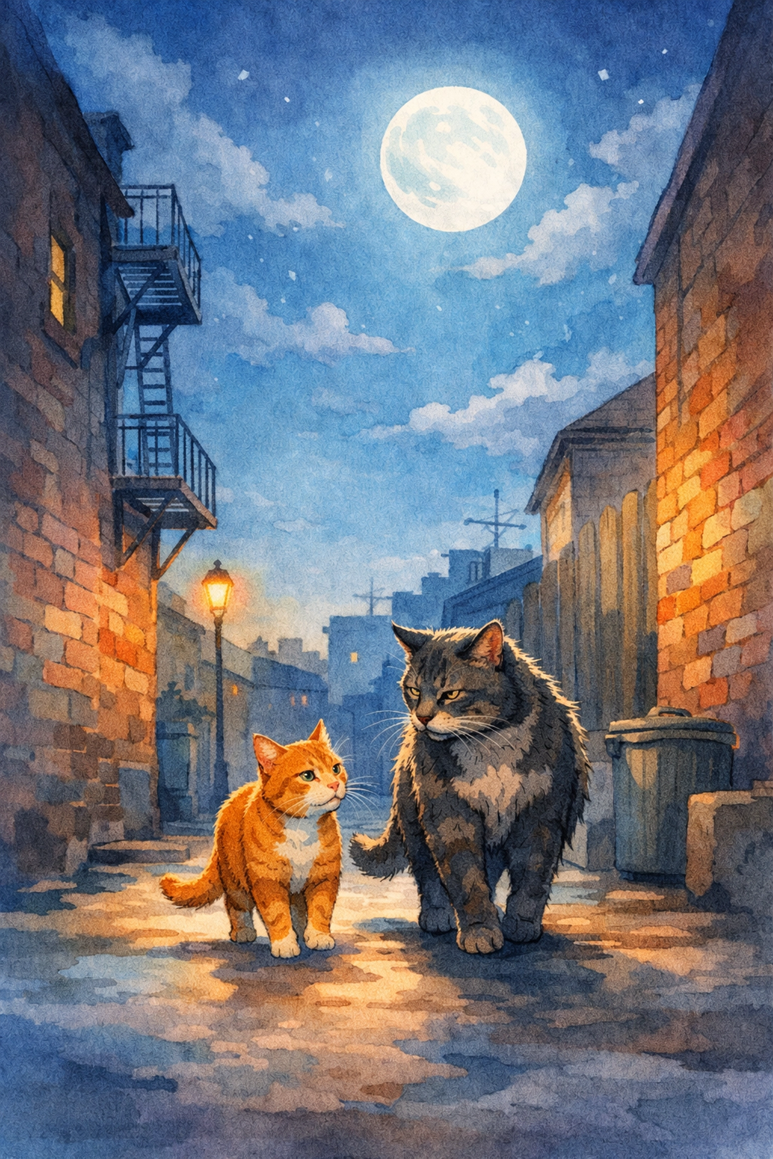 Garfield and his father cat reconciling in moonlit alley showing forgiveness journey