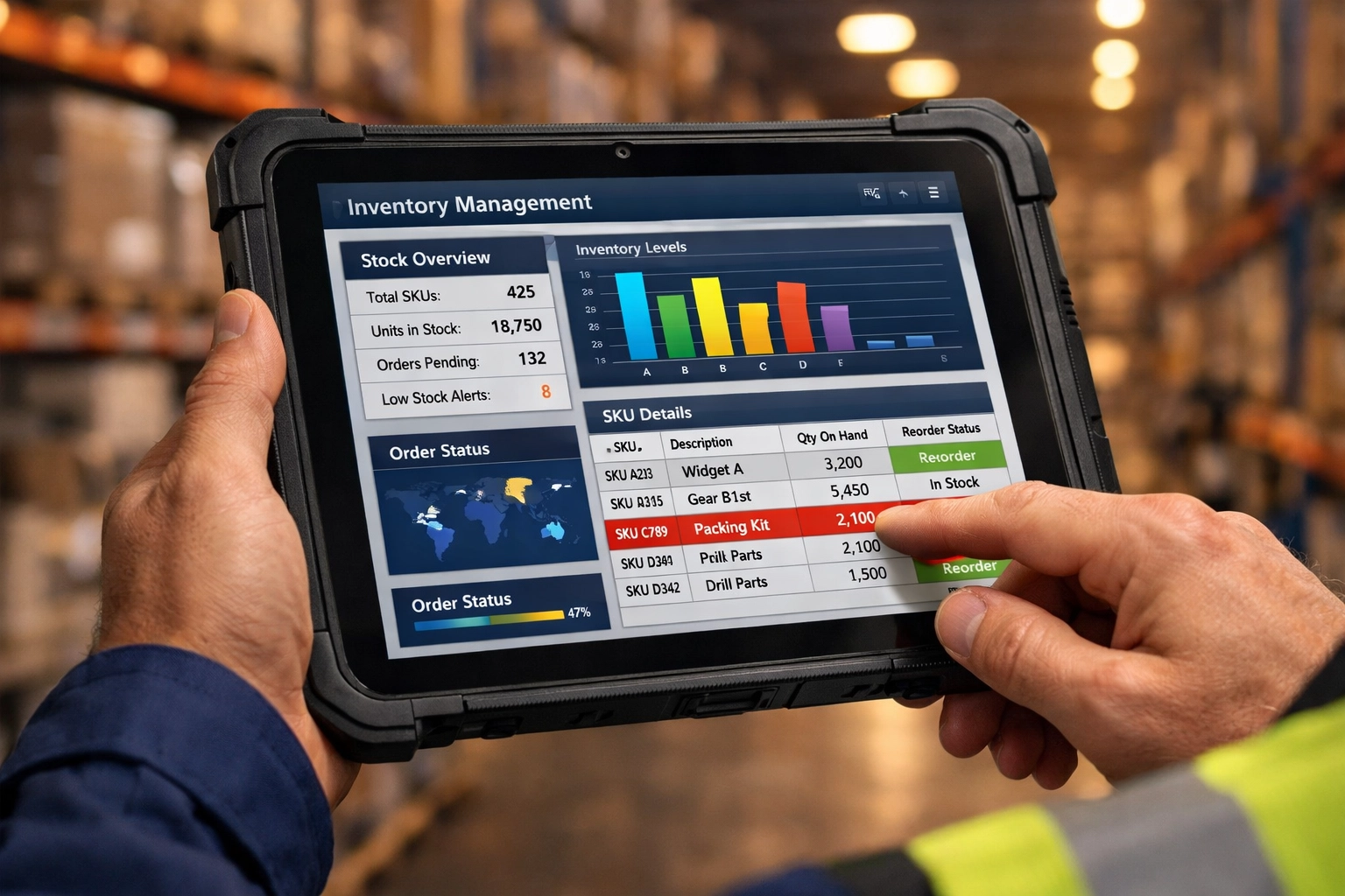 Warehouse manager tracking inventory management for ecommerce on a tablet for accurate SKU management.