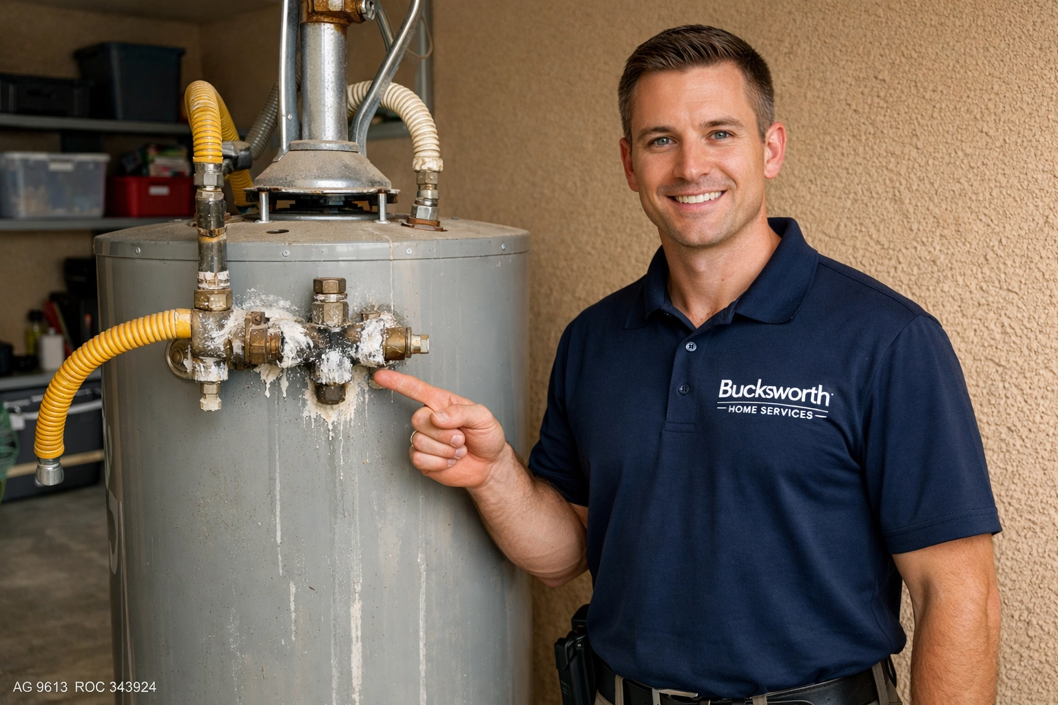 Bucksworth Home Services technician inspecting an old unit for Water Heater Installation Chandler.