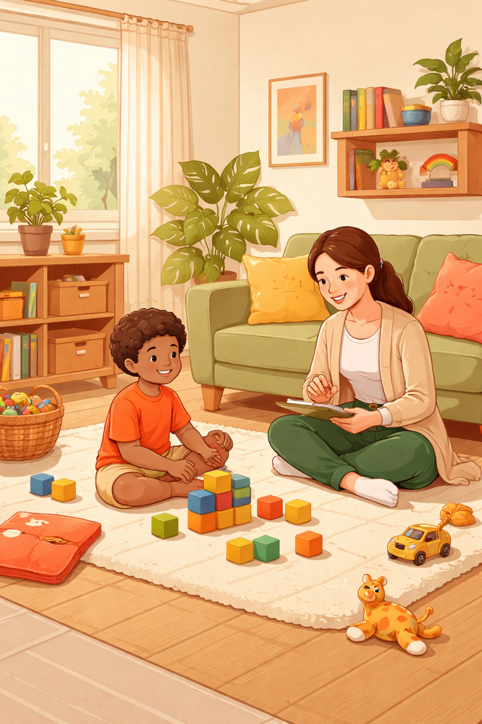 Child and therapist learning together in a cozy Texas living room during in-home ABA therapy session