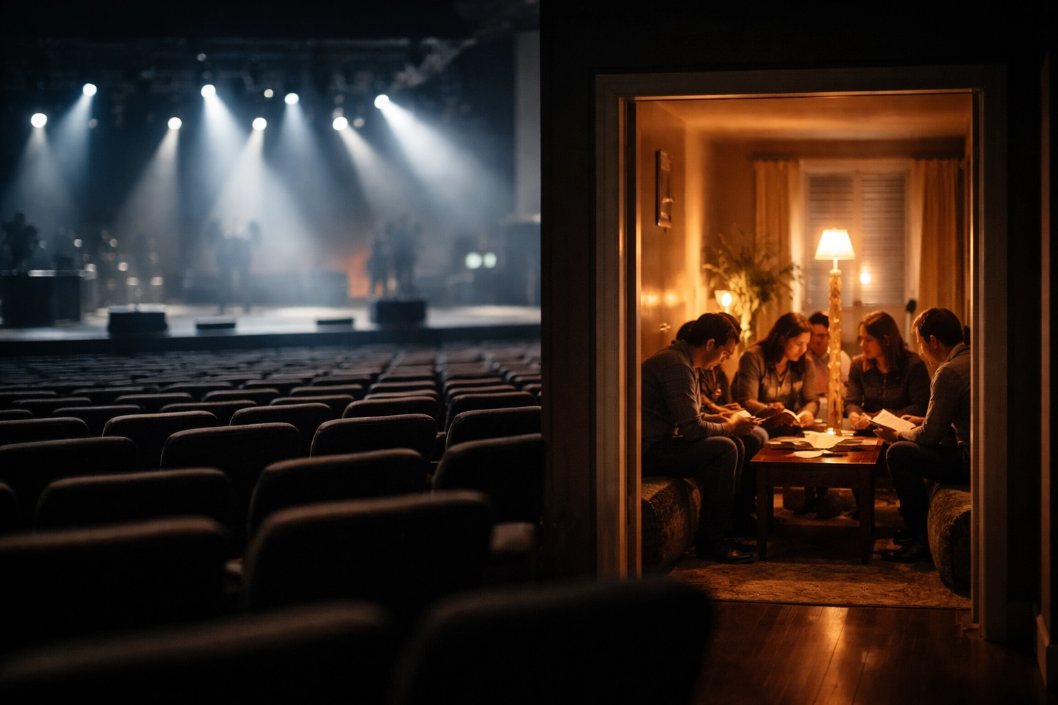 Empty modern church auditorium contrasted with a cozy home church gathering around a coffee table, representing authentic connection.