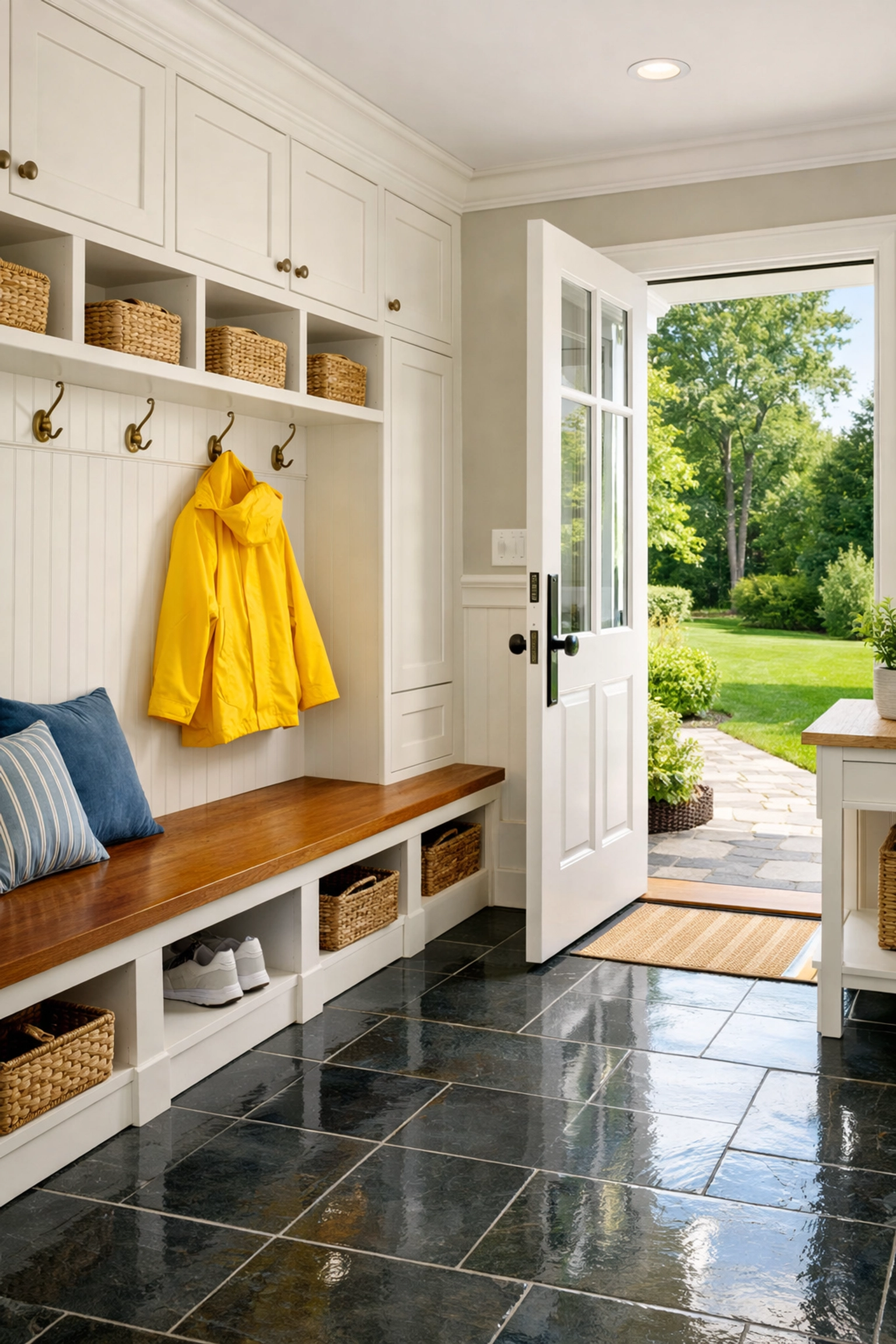 A spotless mudroom entryway maintained by regular bi-weekly house cleaning in Carlisle, Massachusetts.