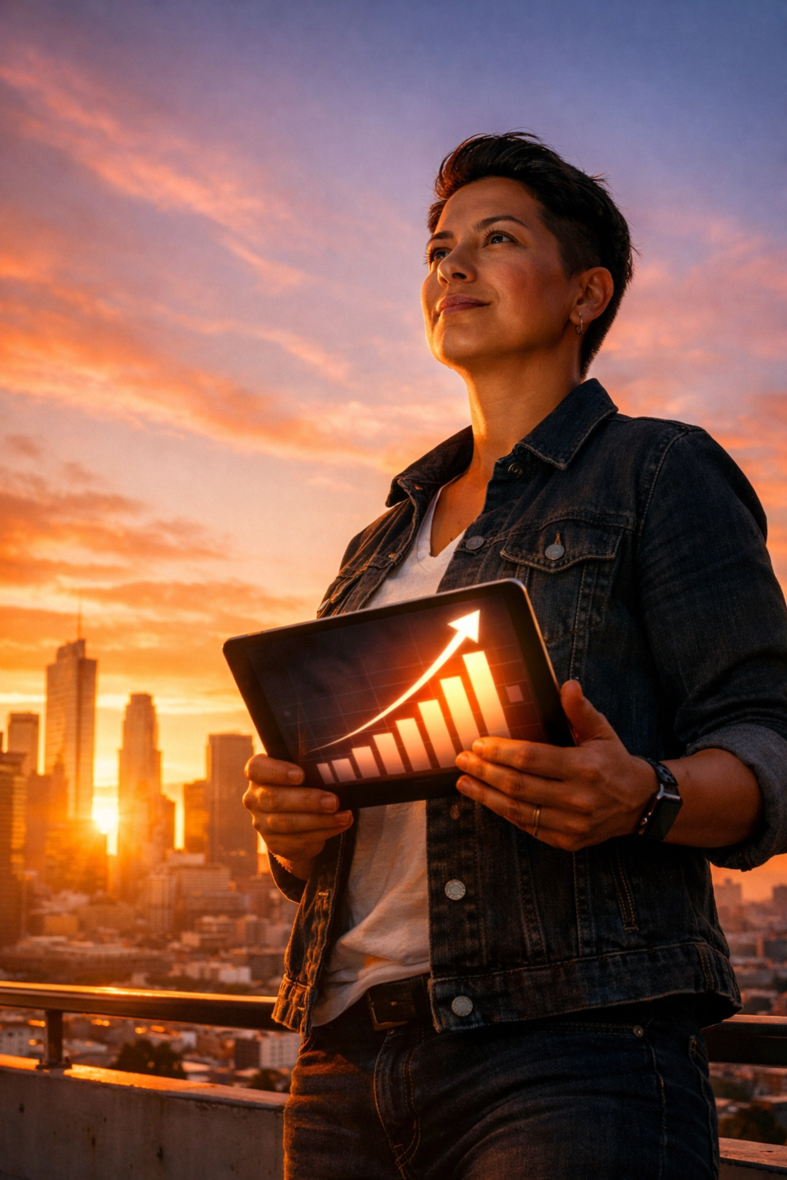 A successful business owner viewing a growth chart on a tablet, illustrating effective small business SEO results.