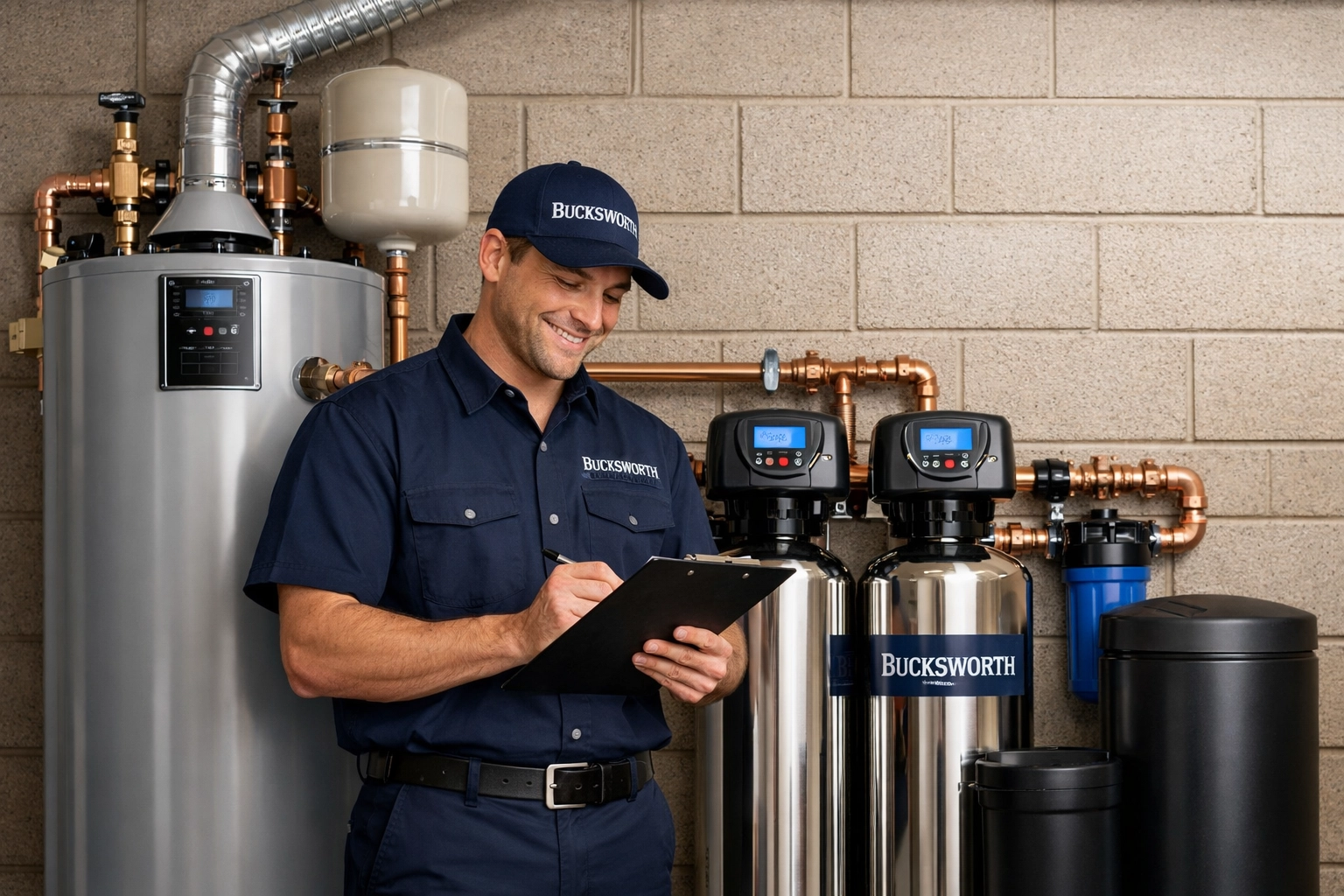 Professional water heater and water filtration system installation in a Tucson, Arizona home.