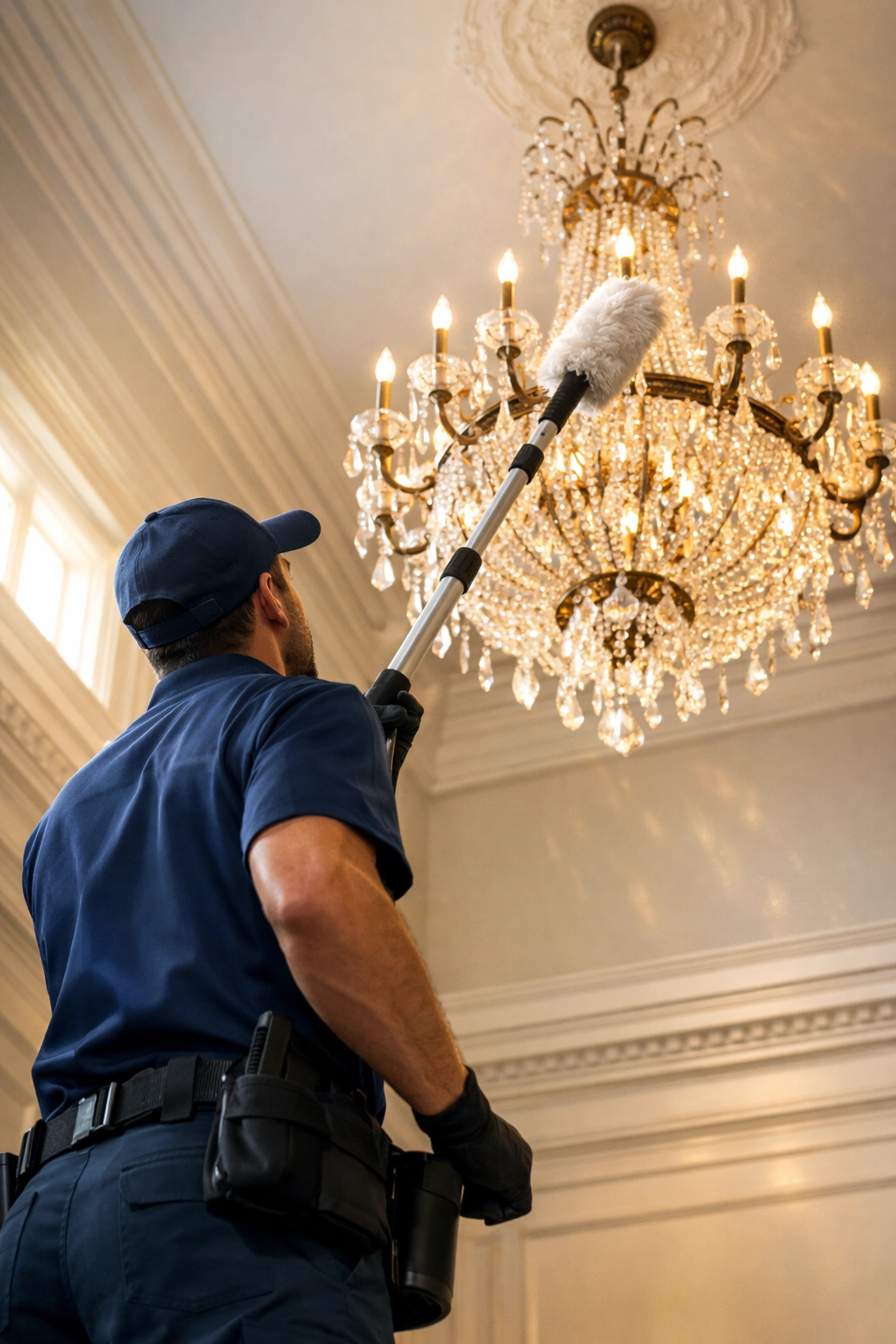 Professional Concord house cleaning service dusting a crystal chandelier using specialized tools.