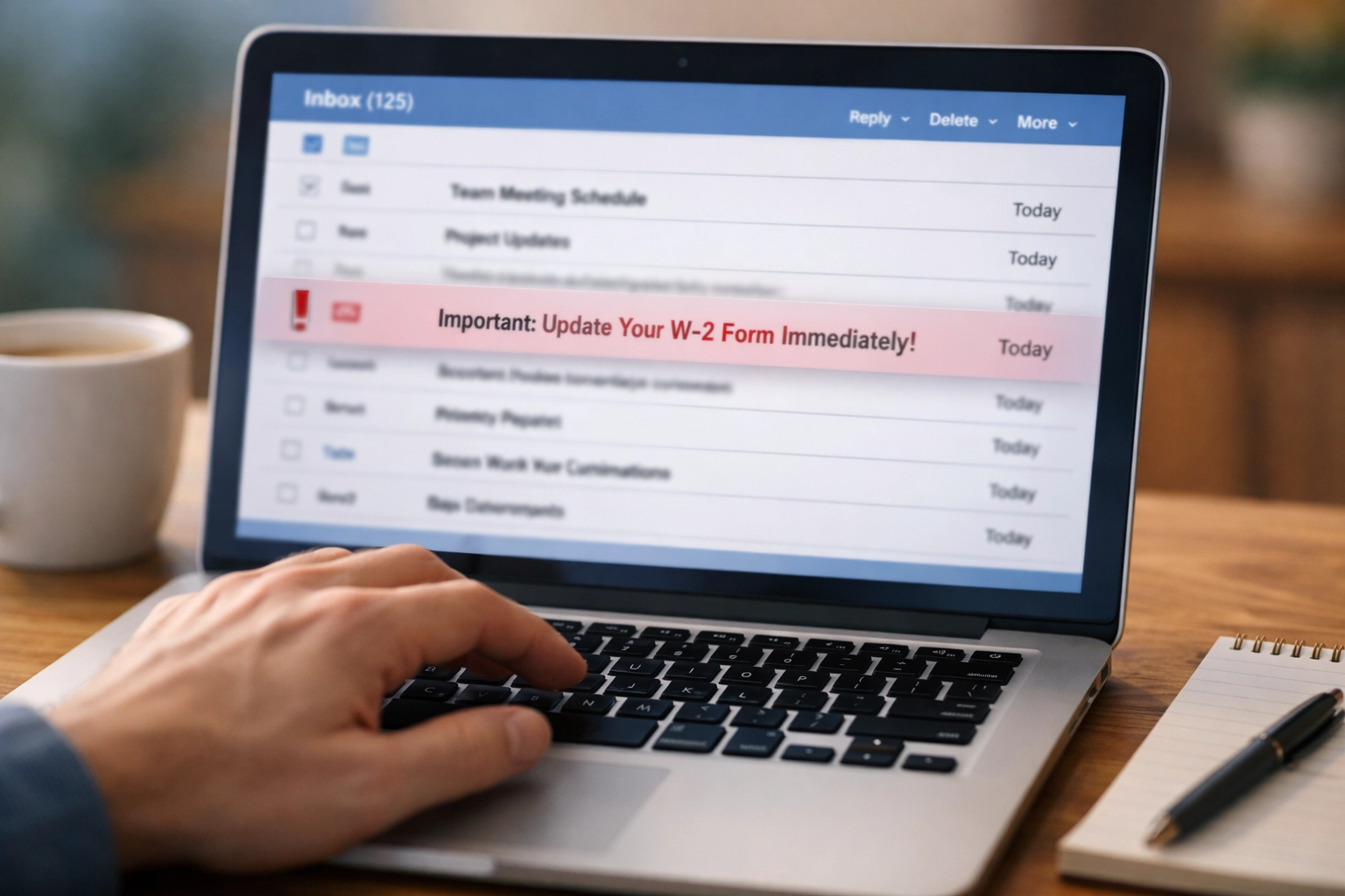 Employee reviewing suspicious W-2 request email on laptop during tax season