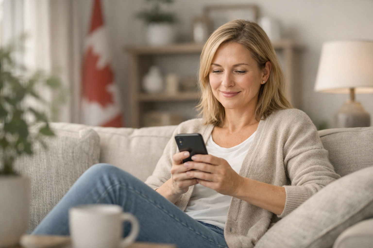 Person in a Canadian home happily receiving a cash loan online for bad credit.