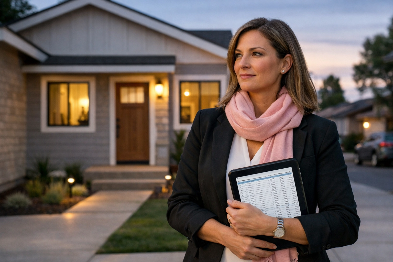 A confident woman real estate investor standing outside a renovated home holding a tablet, calm and decisive—Investor Authority and Profit Protector leadership.