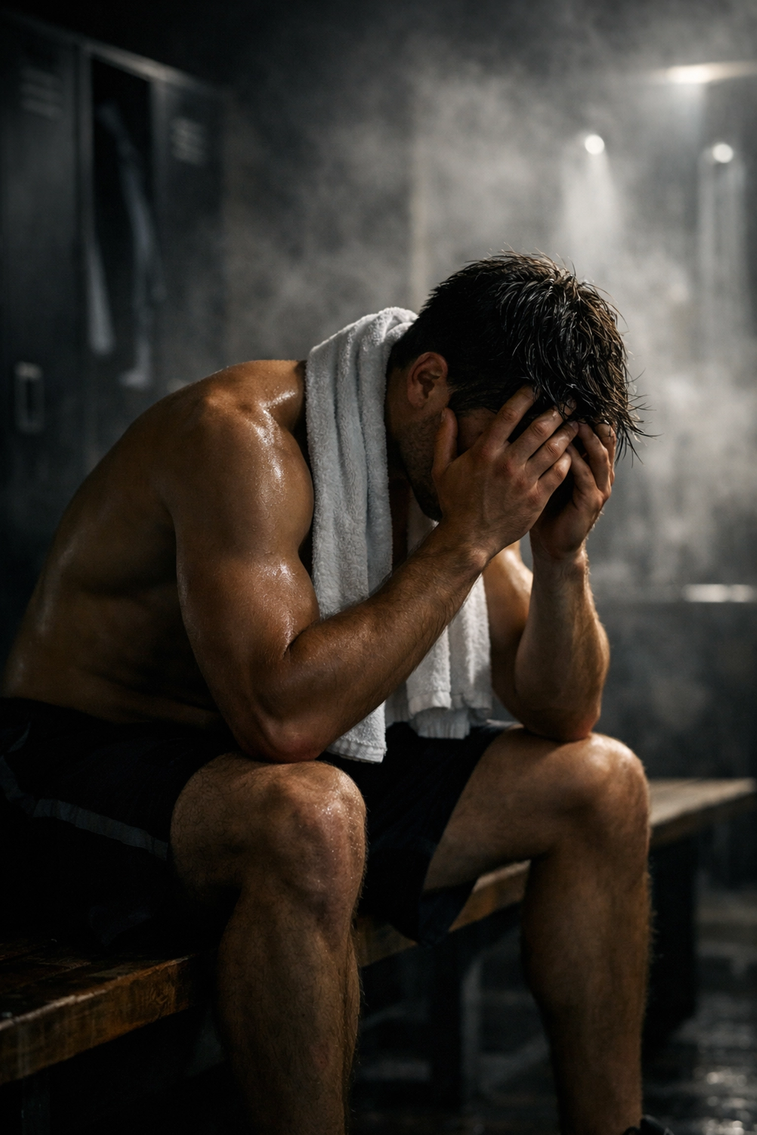 A male athlete sitting alone in a locker room, portraying the emotional depth of a gay romance novel.