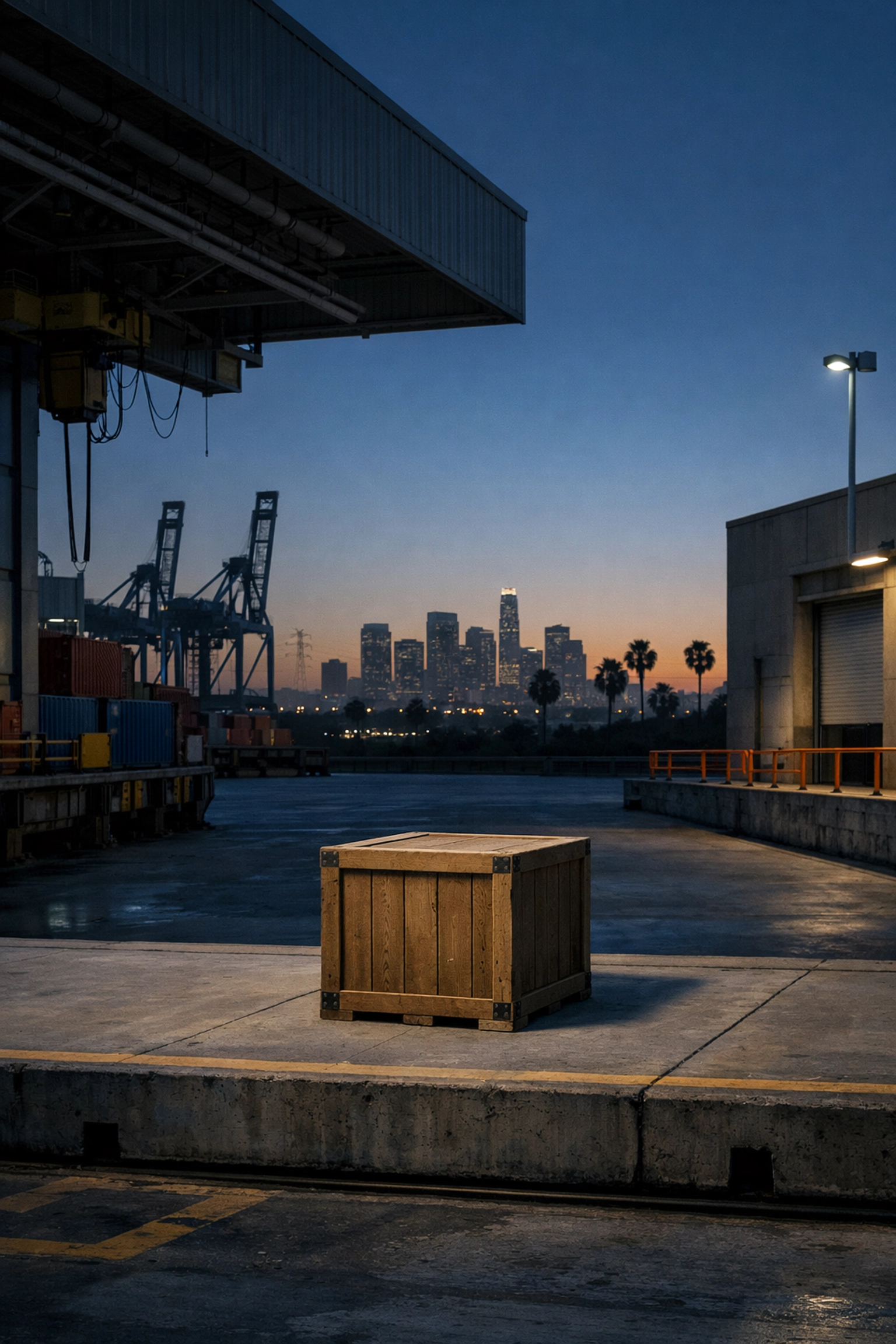 Shipping dock in Medellín preparing artisanal goods for export to Los Angeles, connecting local-to-local markets.