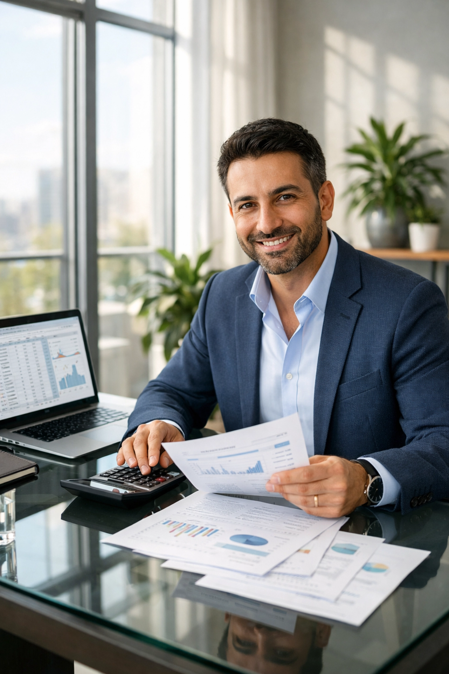 Business owner reviewing tax savings calculations and financial planning documents