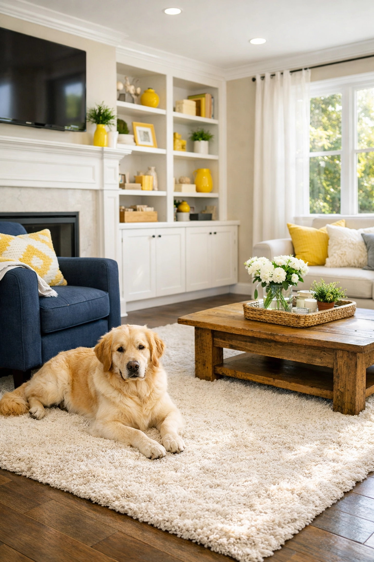 Clean Westwood family room showing eco-friendly and pet-friendly residential cleaning Massachusetts.
