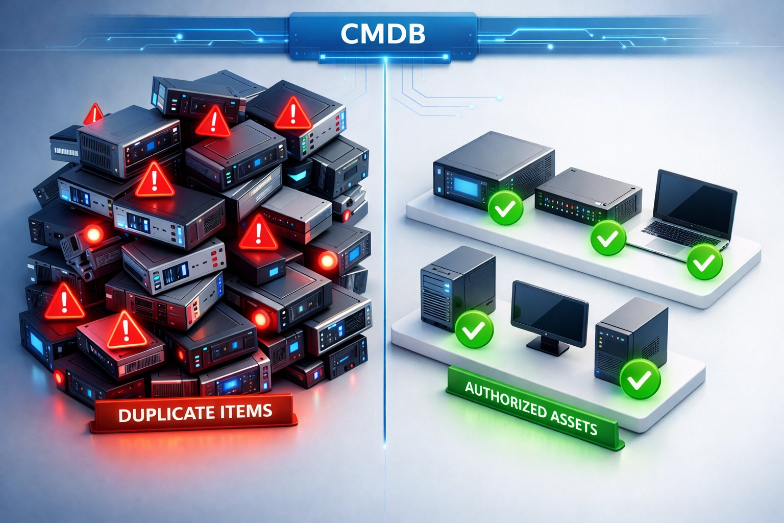 CMDB duplicate configuration items versus properly identified assets in ServiceNow ITOM