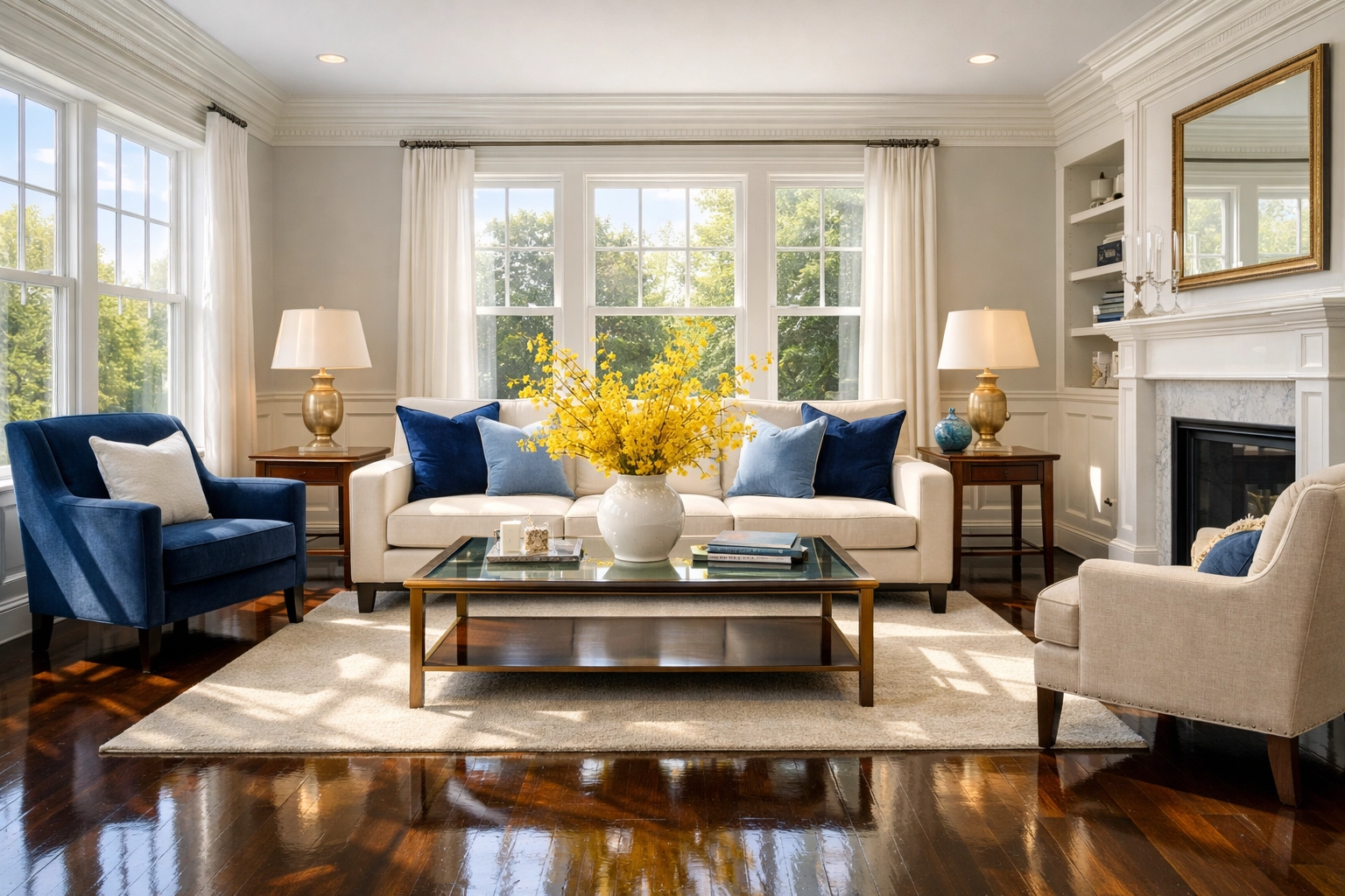 Sunlit living room with polished floors from premium house cleaning services in Lexington, MA.