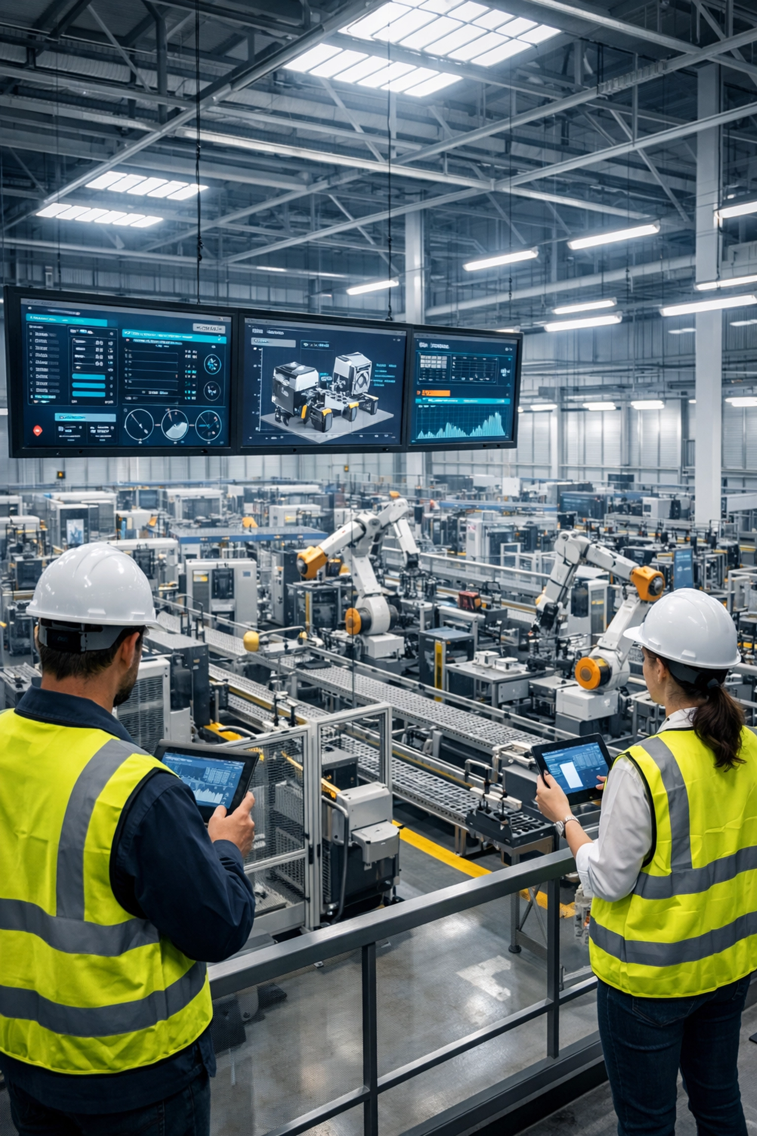 Manufacturing technicians monitoring production lines with ServiceNow integration and IoT systems