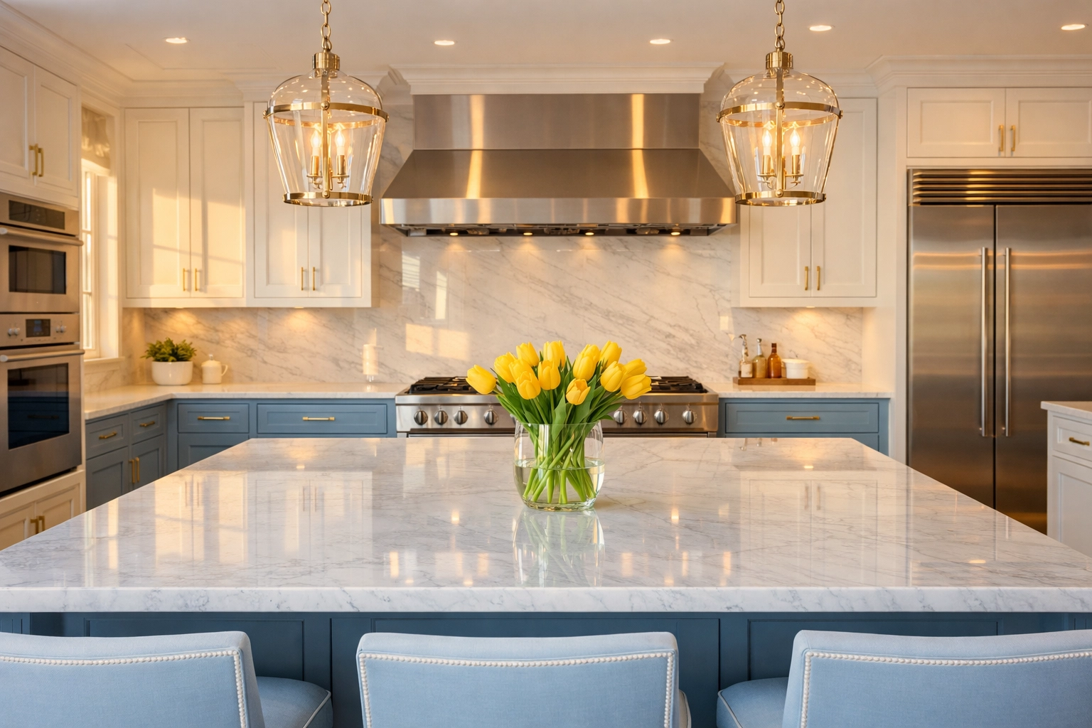 Spotless luxury kitchen in Newton MA with a polished marble island after professional house cleaning services.