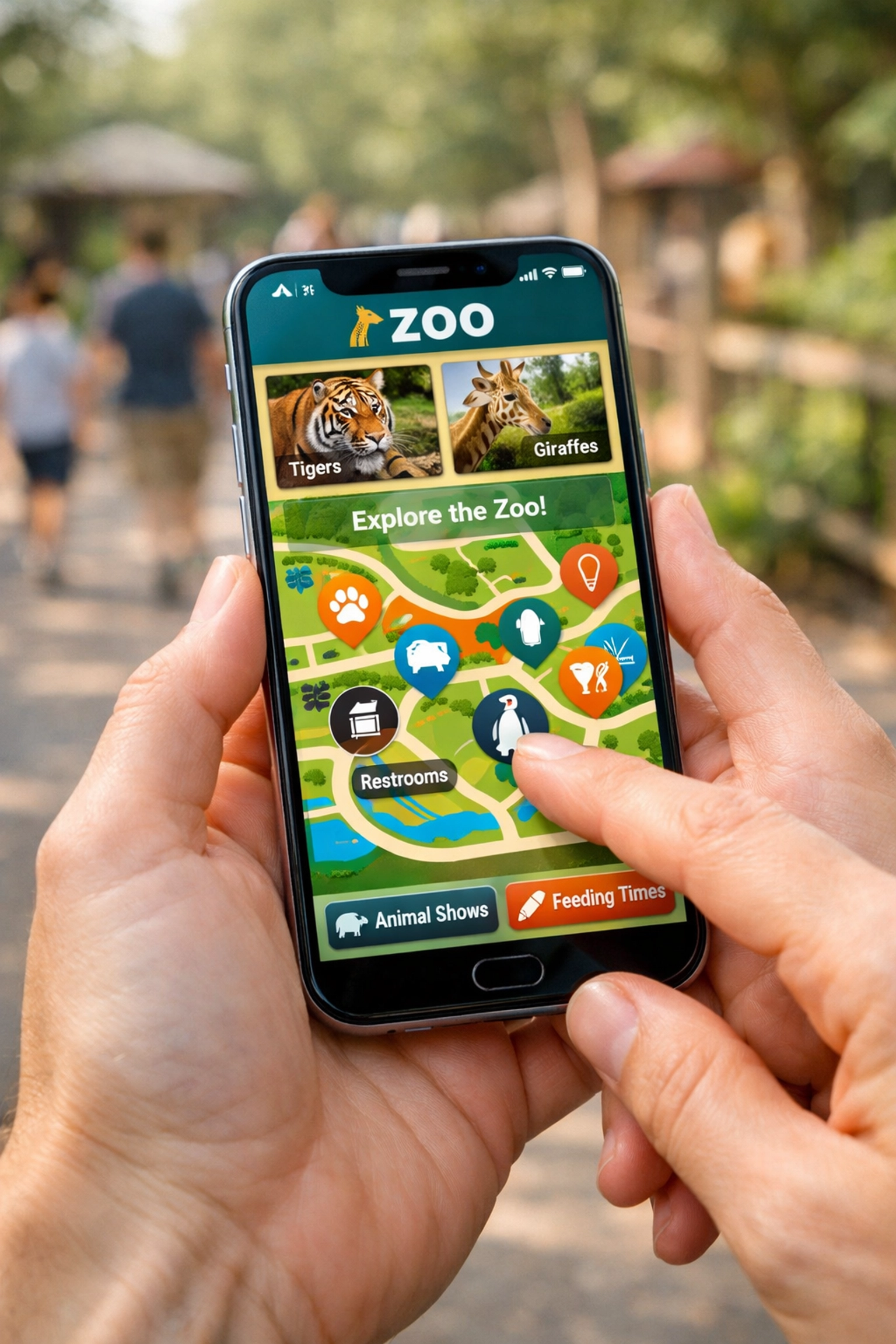 Smartphone displaying zoo mobile app with interactive map and animal information for visitors