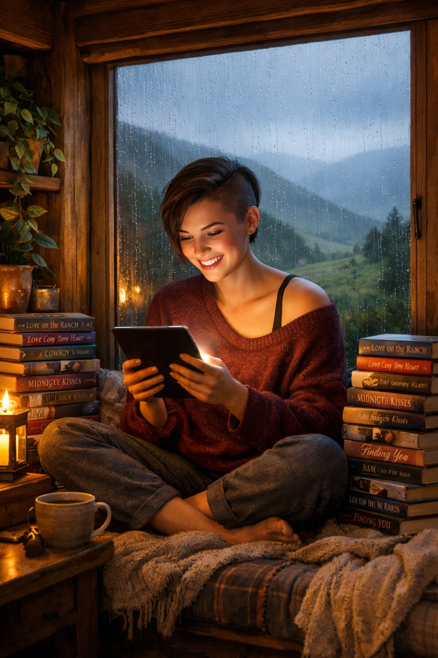 A lesbian woman reading gay romance books on a tablet, finding digital LGBTQ+ community from her rural home.