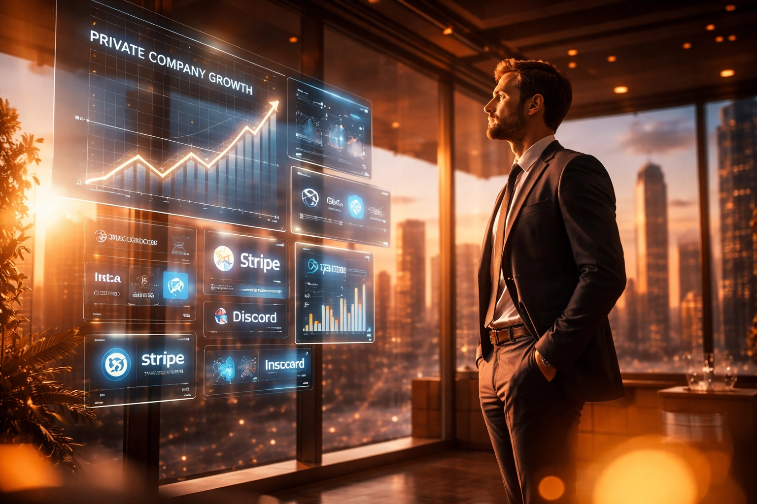 Confident investor analyzing private equity opportunities in a modern office overlooking a city skyline.