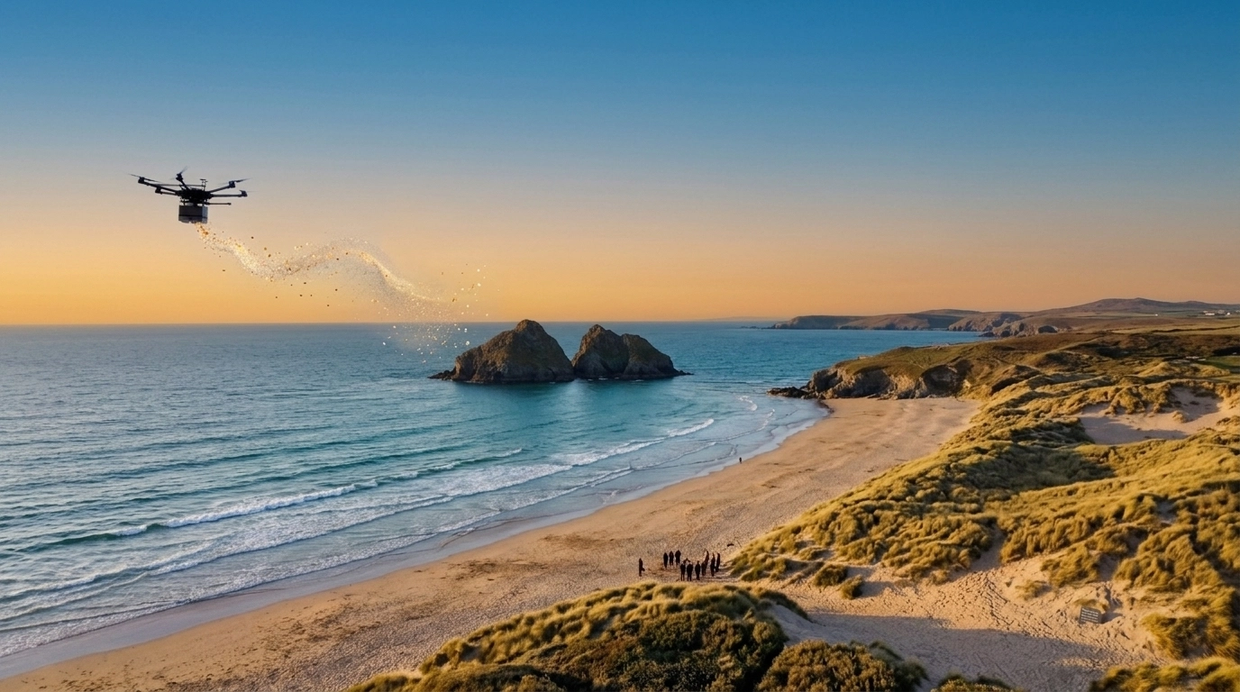 Aerial view of Holywell Bay in Cornwall, featuring the iconic Gull Rocks twin sea stacks with a professional drone hovering gracefully in the sky against a soft sunset.
