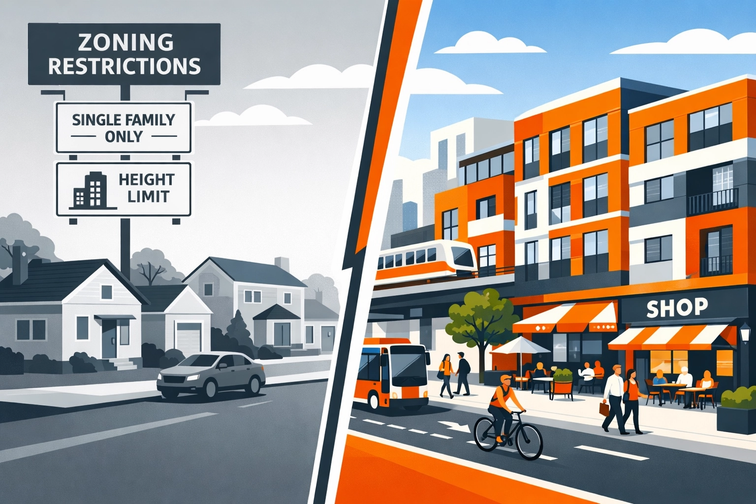 Comparison of old California suburban zoning versus new 2026 high-density housing mandates