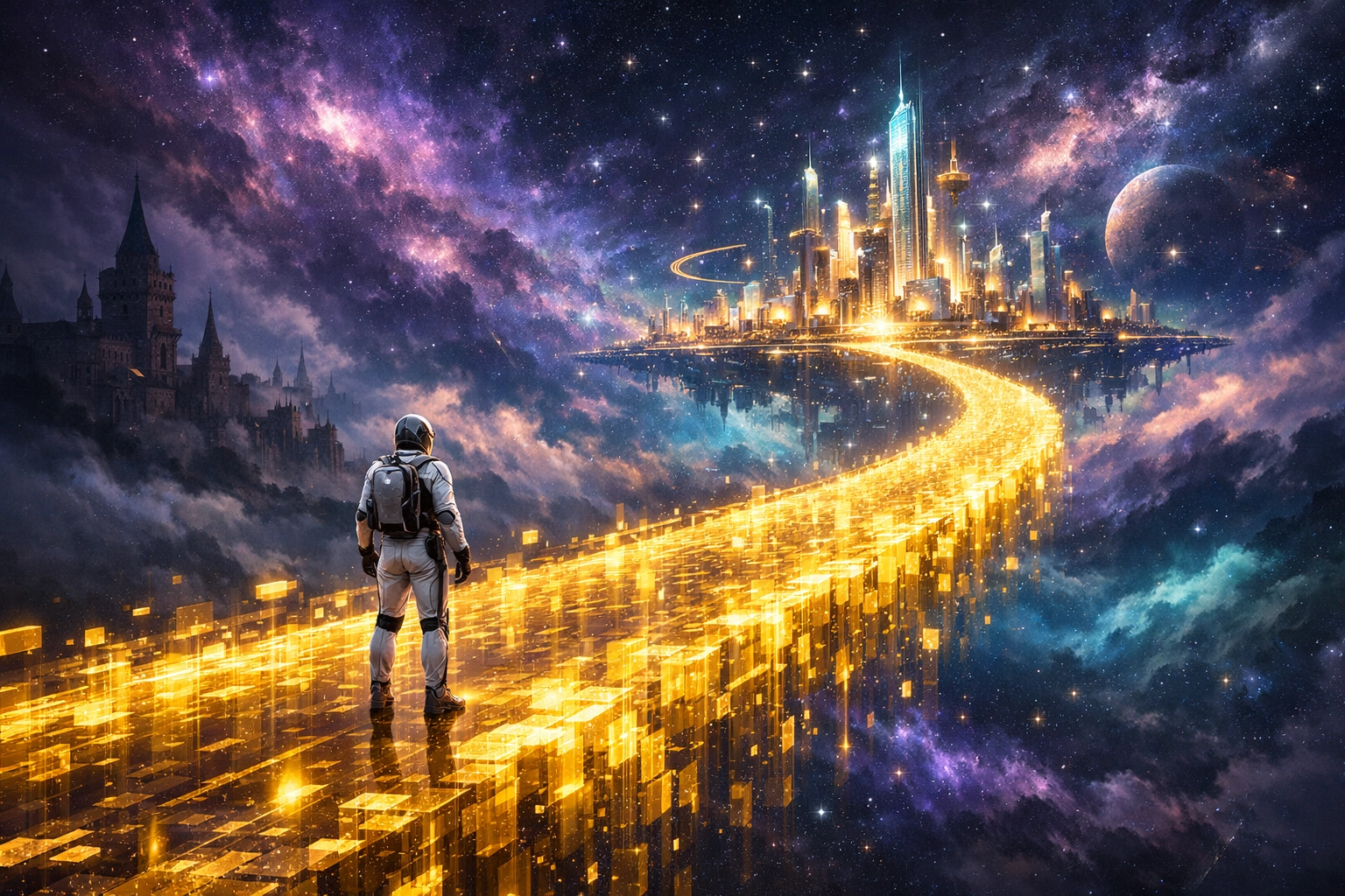 A glowing bridge to a futuristic metropolis symbolizing the transition to a regulated Web3 global payment system.