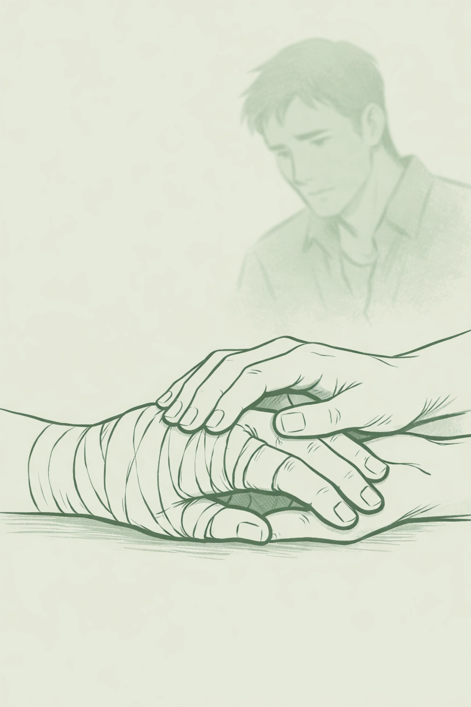 Tender hands holding injured bandaged hand - emotional MM romance depicting betrayal and physical loss