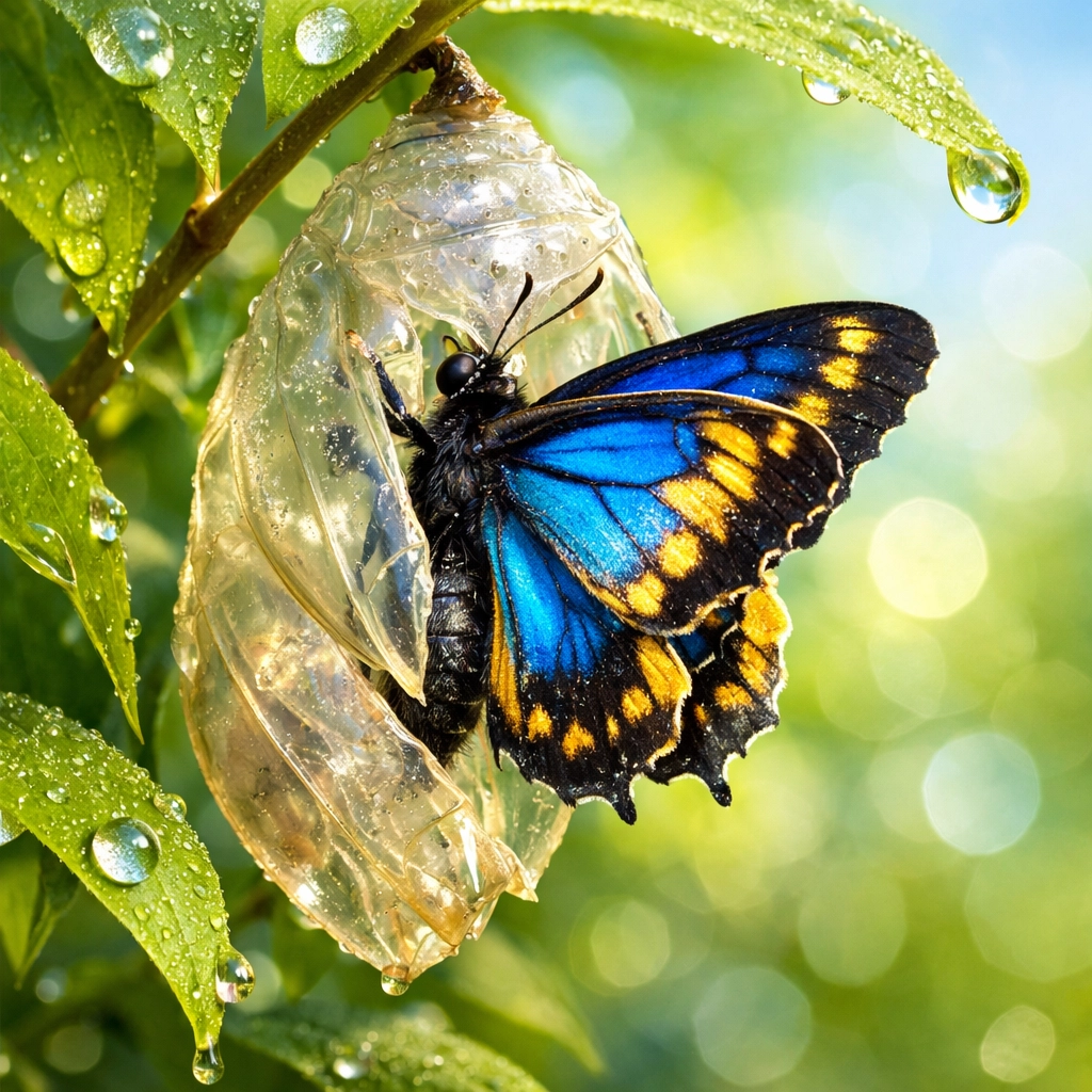 Butterfly emerging from chrysalis illustrating new life and transformation in Christ