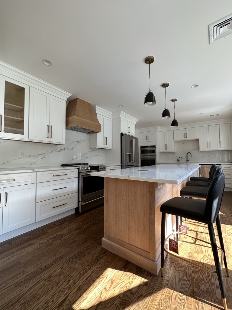 Custom-designed kitchen with natural wood island