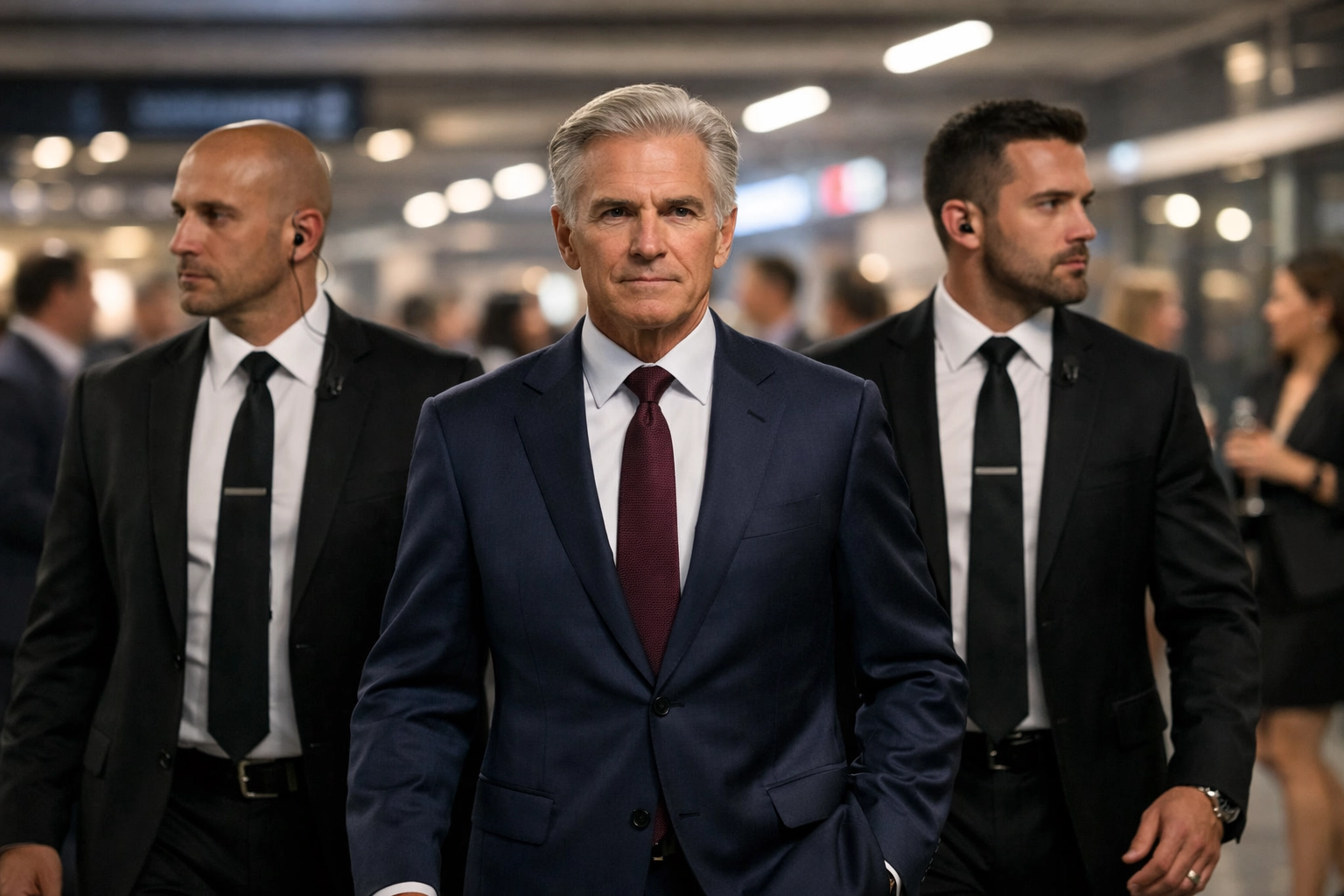Professional VIP security team escorting a corporate executive through a modern stadium concourse.