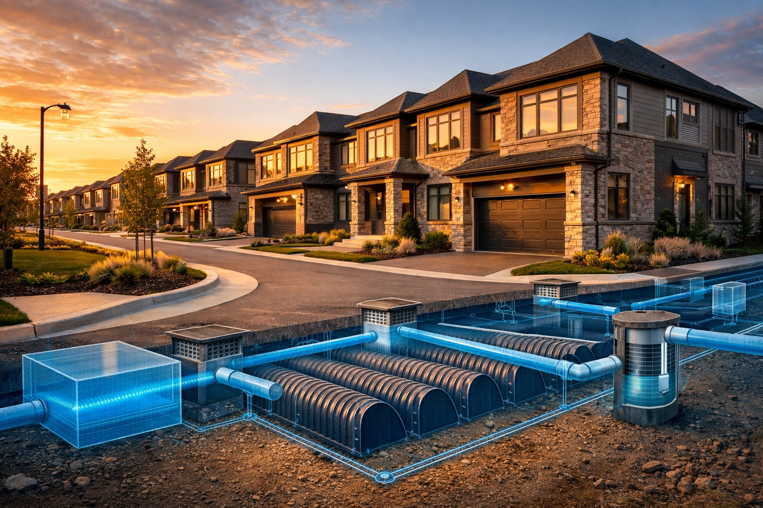Completed Ontario townhouse development showcasing compliant lot grading and underground storm management infrastructure.