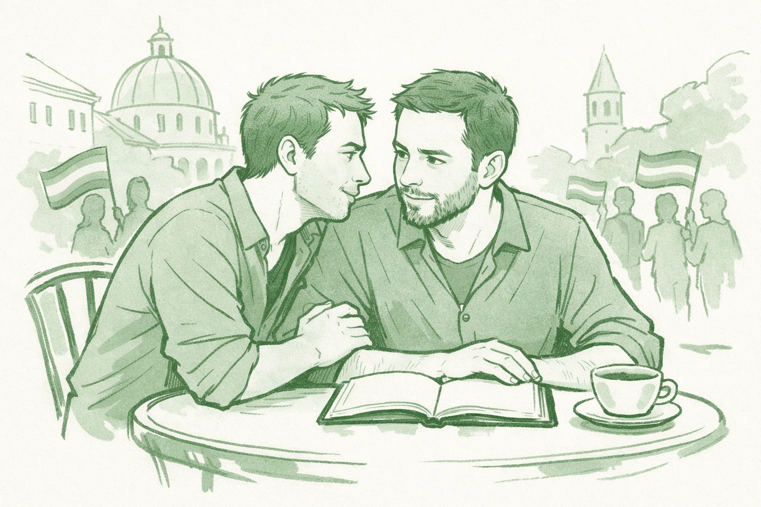 Two gay men connecting at international pride event café, sharing activism knowledge