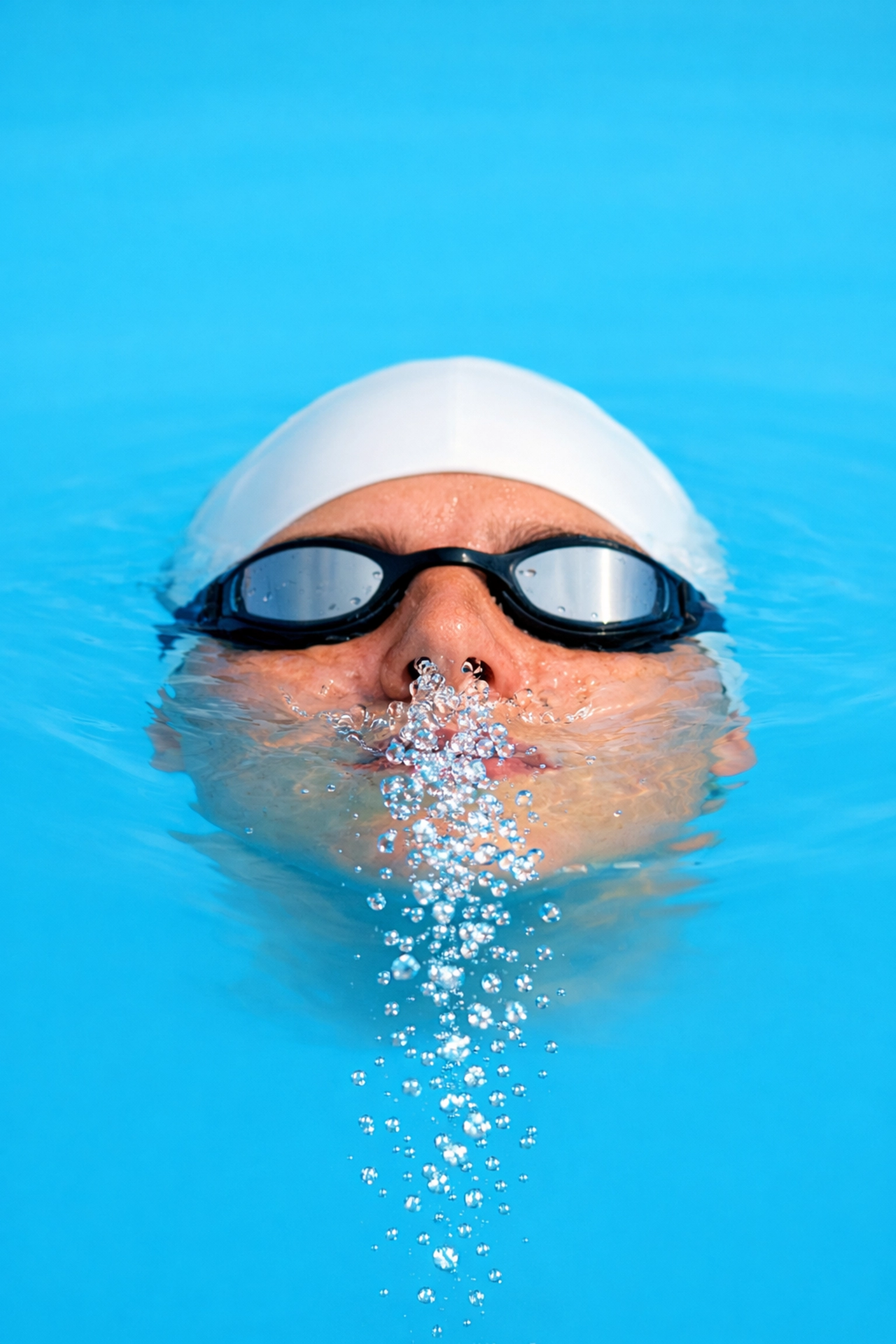 Swimmer exhaling bubbles under turquoise water to practice rhythmic breathing drills.