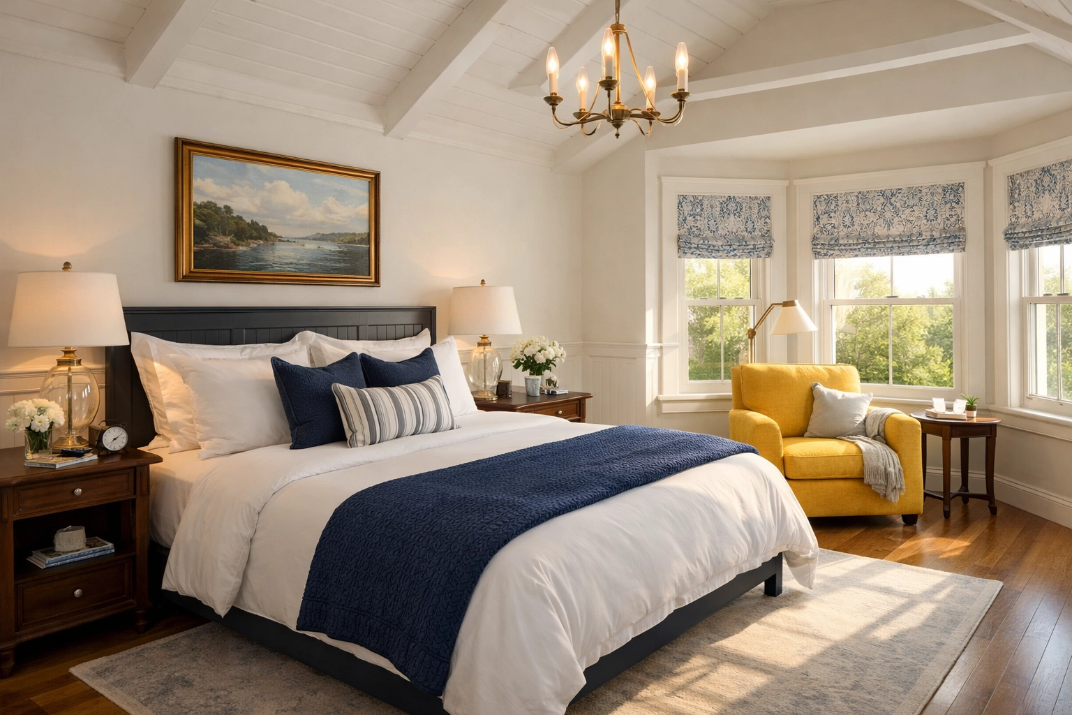 A spotless and organized luxury bedroom after a professional house cleaning Pepperell MA visit.